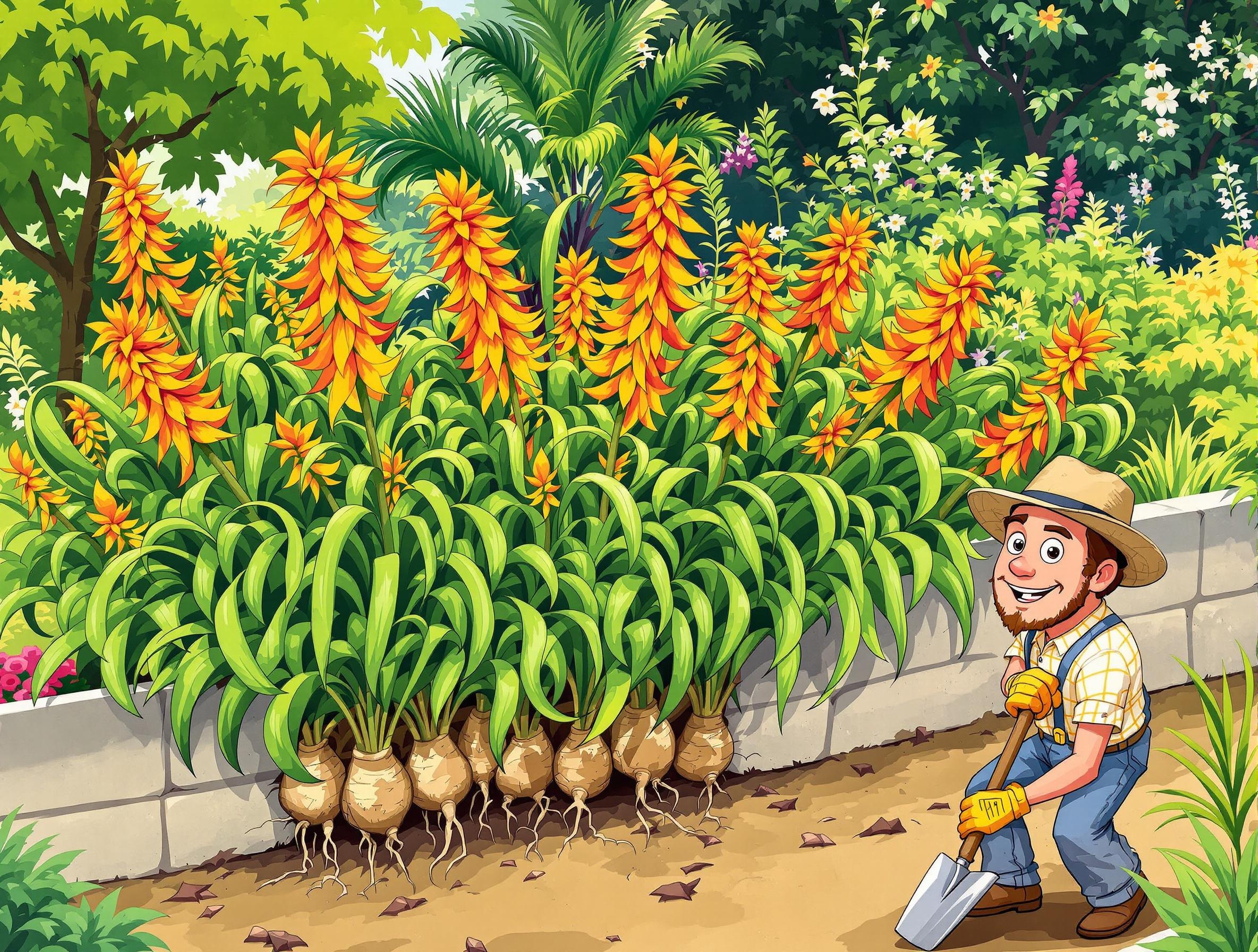Crocosmia débordant une barrière racinaire avec humour et bêche de jardinier
