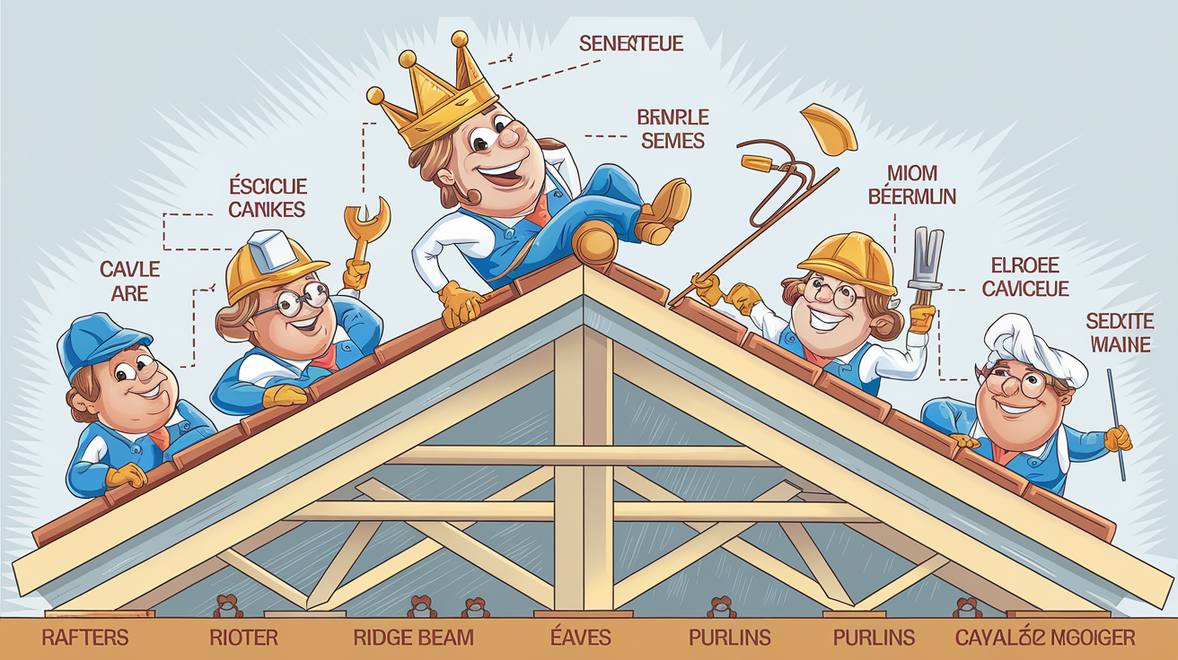 Schéma humoristique des composants d'une toiture monopente avec faîtage couronné.