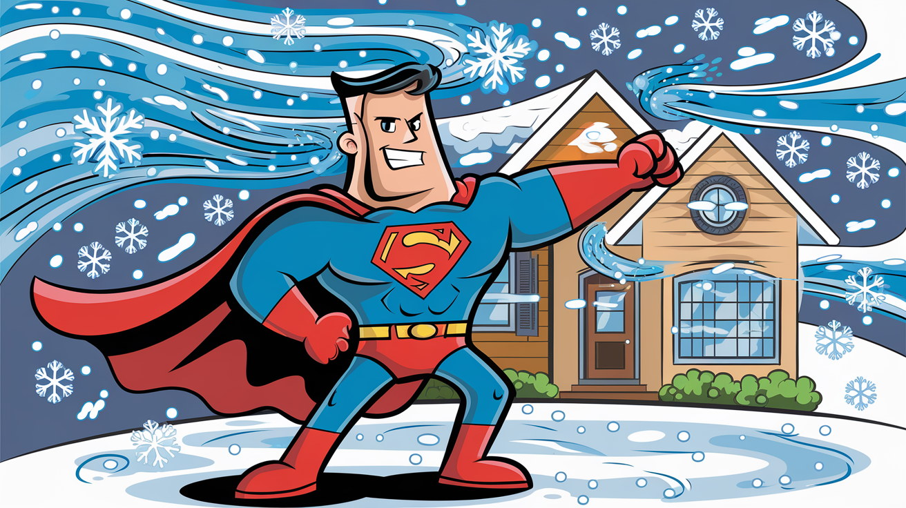 Film isolant super-héros protégeant maison courants air neige