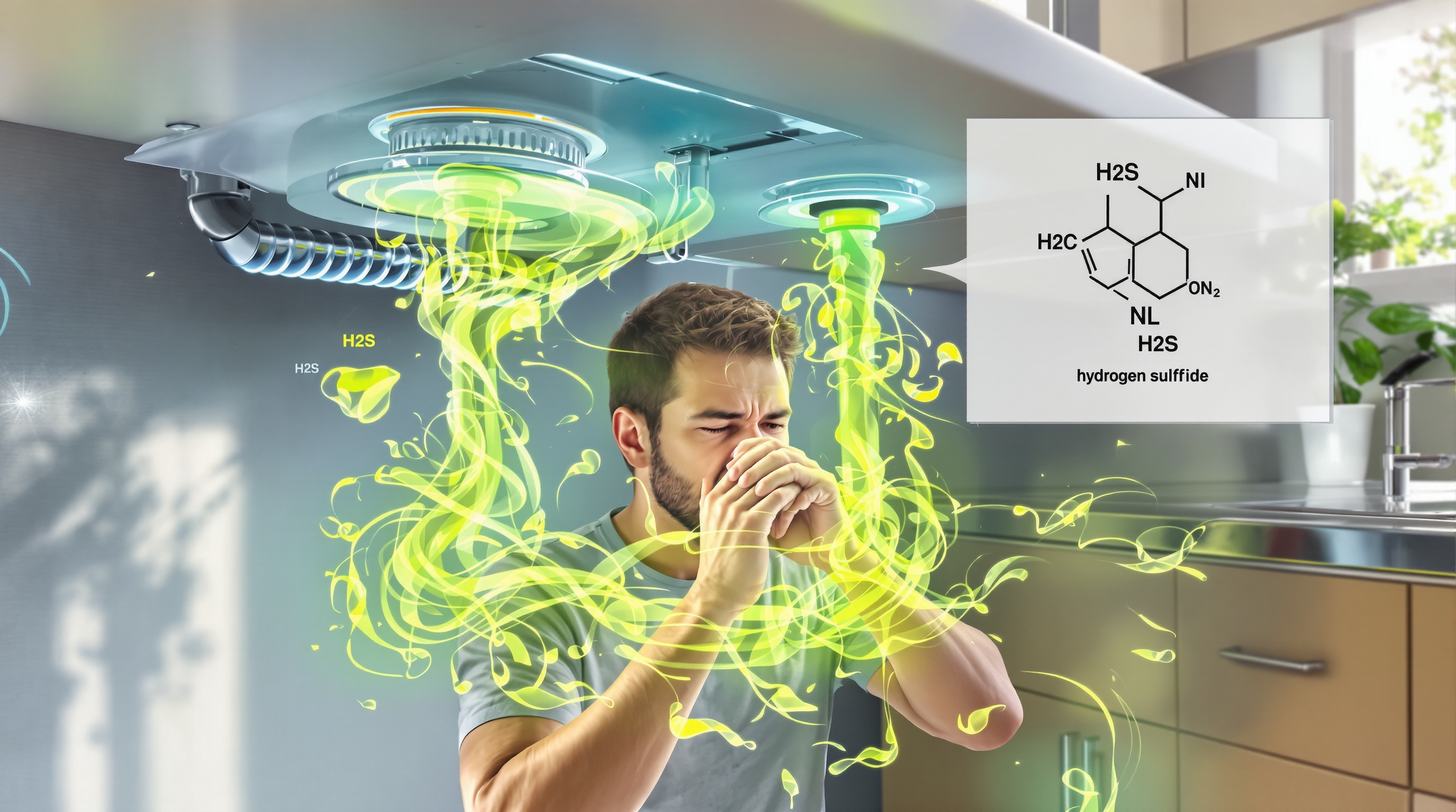 Illustration scientifique gaz H2S odeur œuf pourri maison