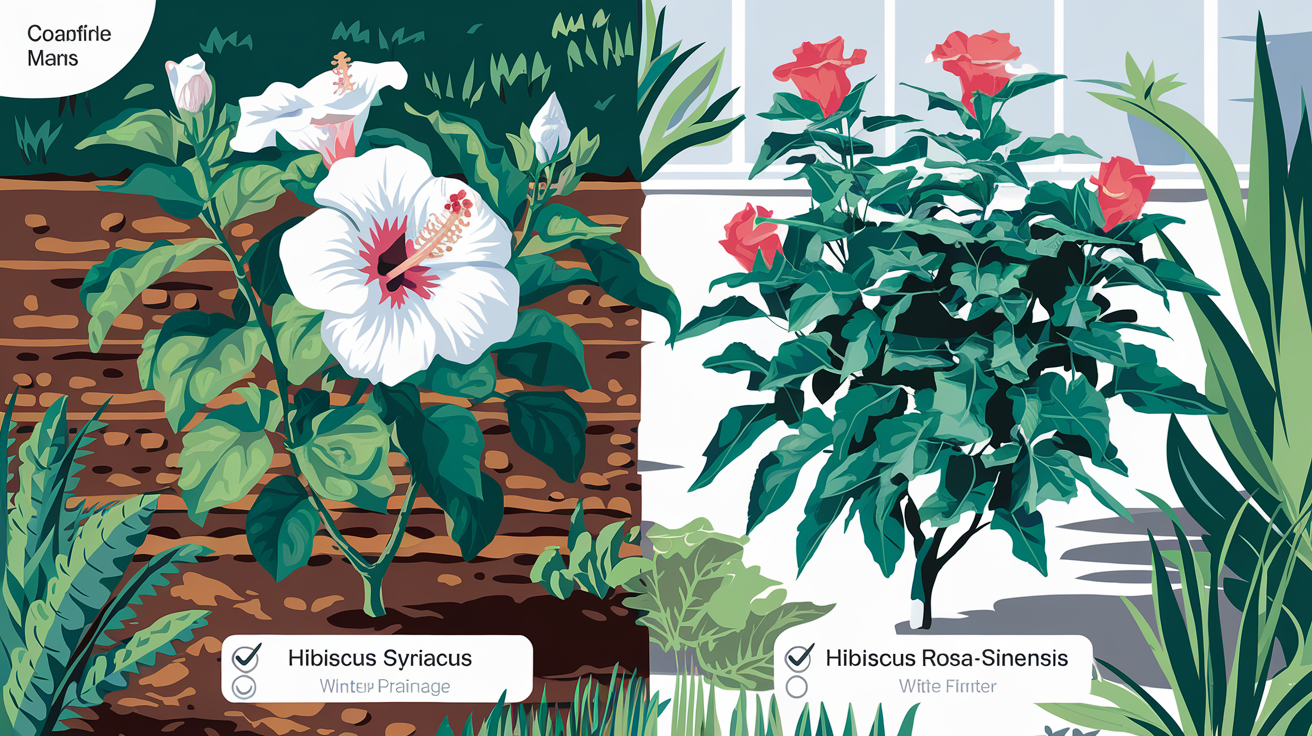 Hibiscus syriacus et Hibiscus rosa-sinensis dans un jardin luxuriant