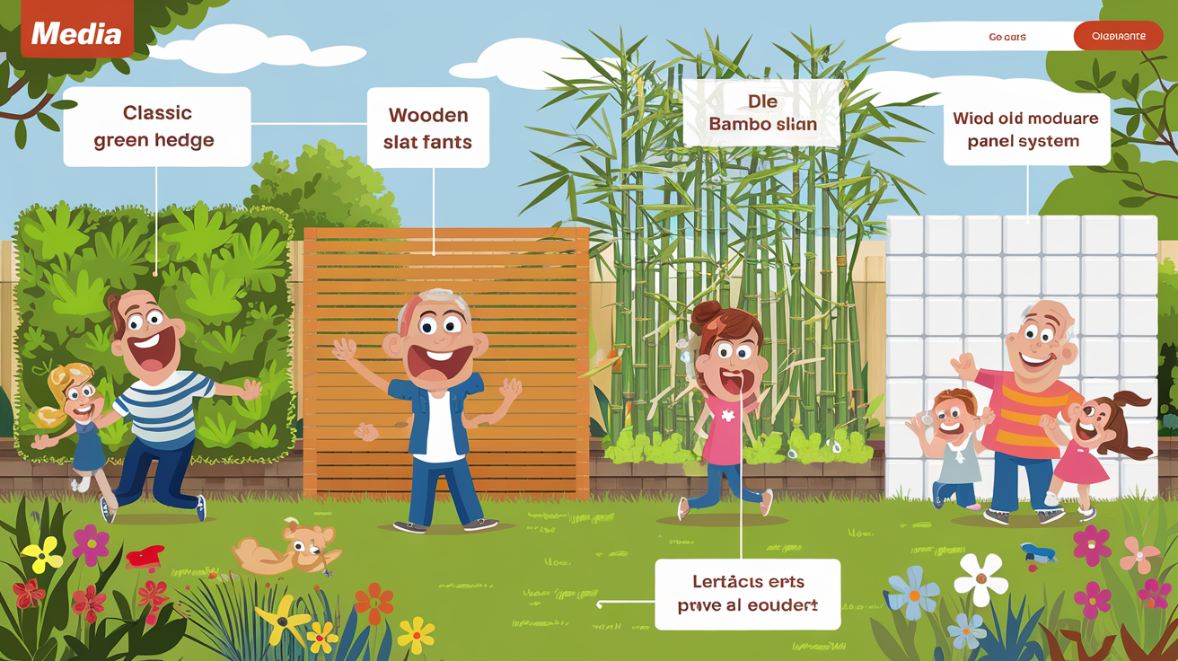 Solutions brise-vue illustrées : haie classique, palissade bois, bambou et panneaux modulables.