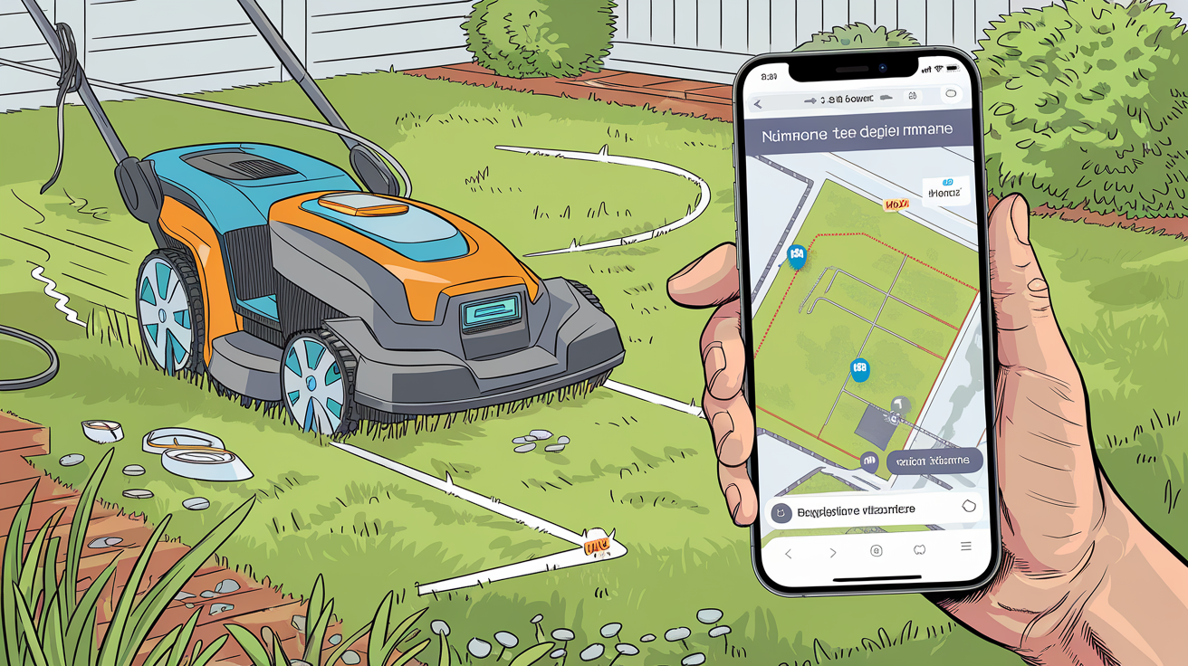 Robot tondeuse GPS RTK jardin sans câble application smartphone bande dessinée