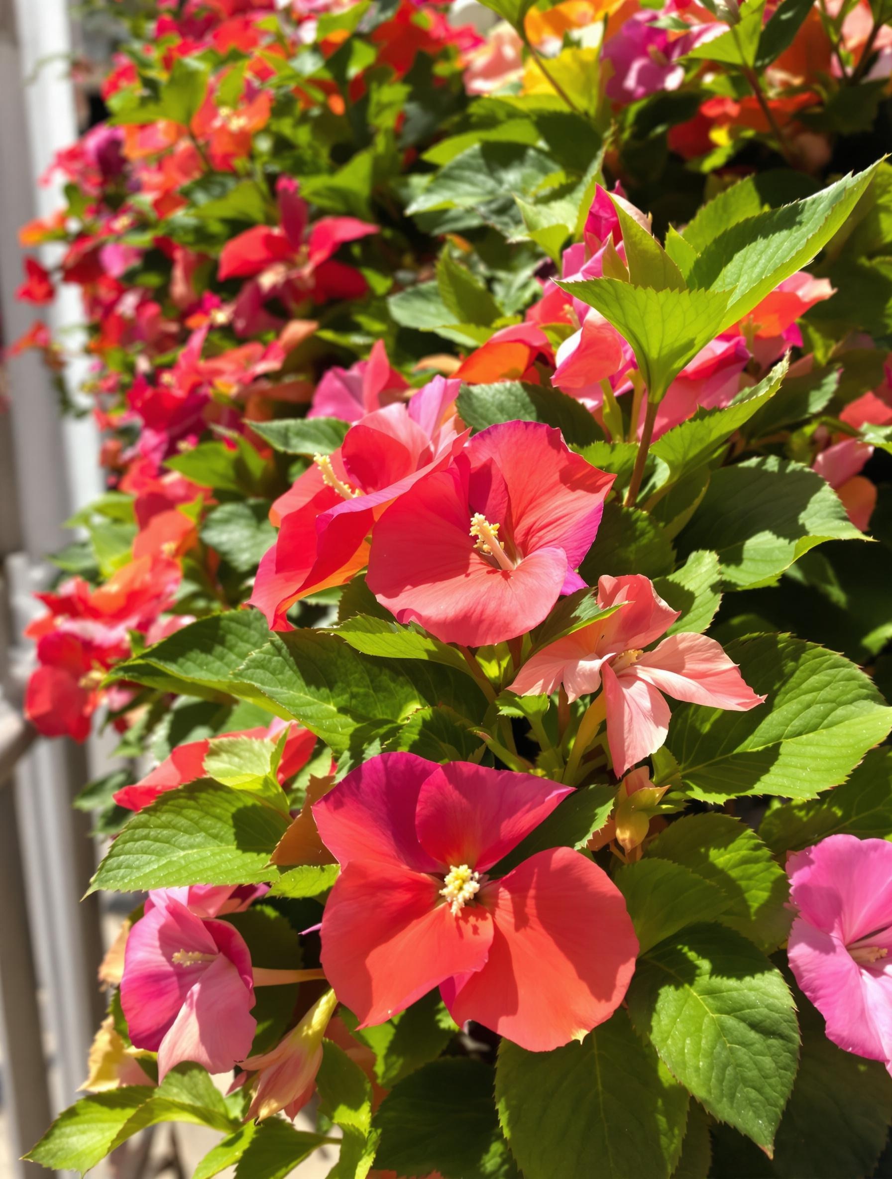 Impatiens de Nouvelle-Guinée en pleine floraison luxuriante sur un balcon exposé