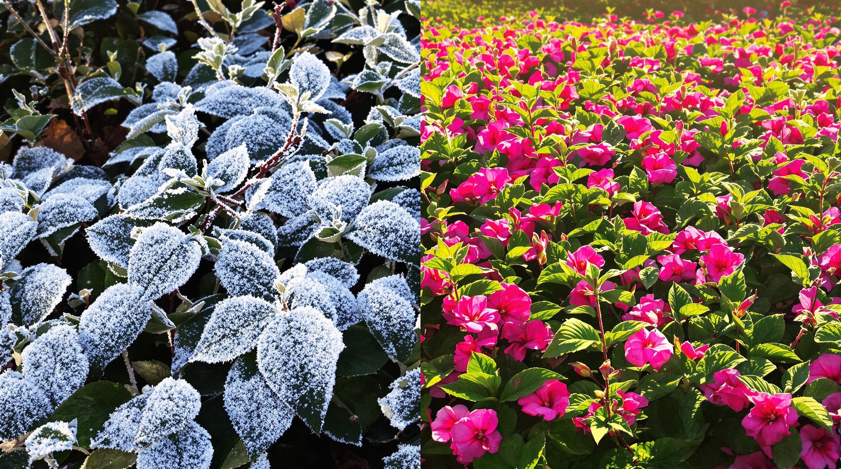 Impatiens de Nouvelle-Guinée endommagées par la gelée blanche, en contraste avec leur floraison estivale