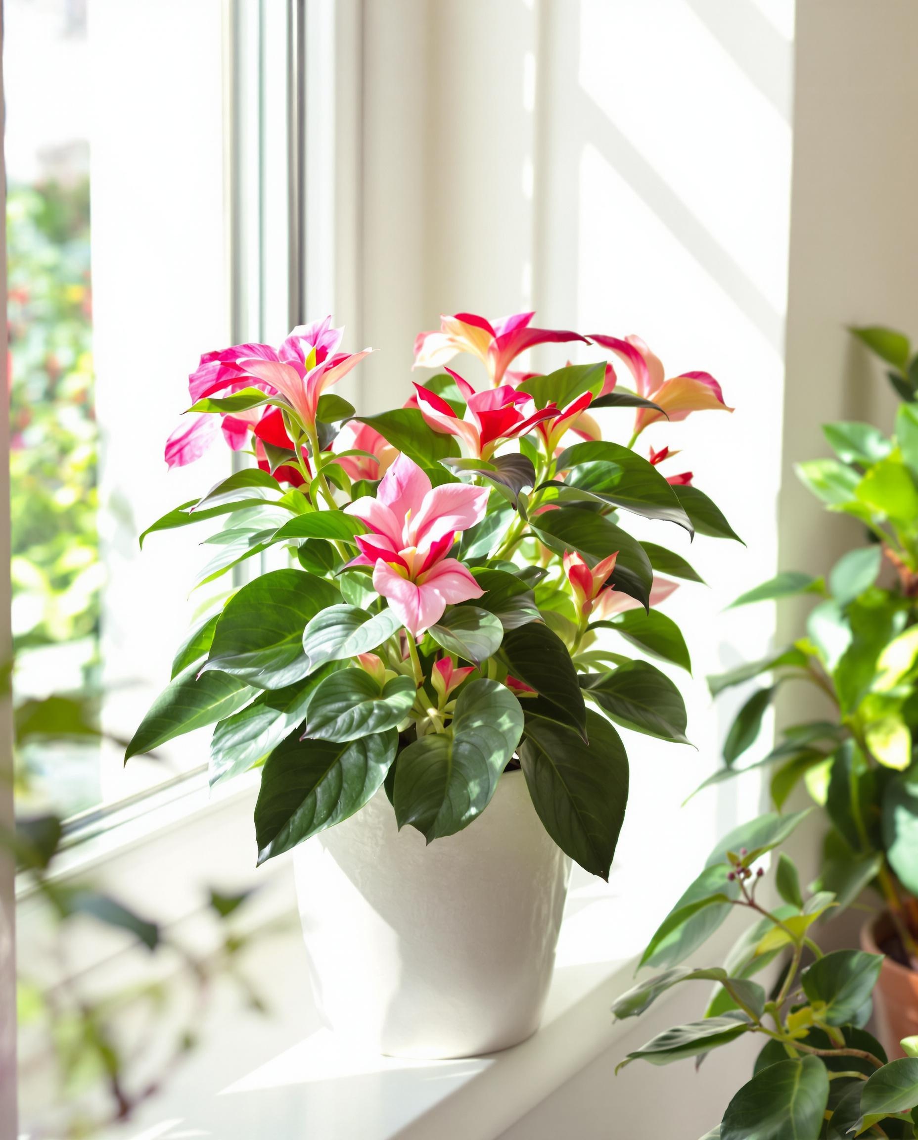 Impatiens de Nouvelle-Guinée placées à l'intérieur près d'une fenêtre lumineuse