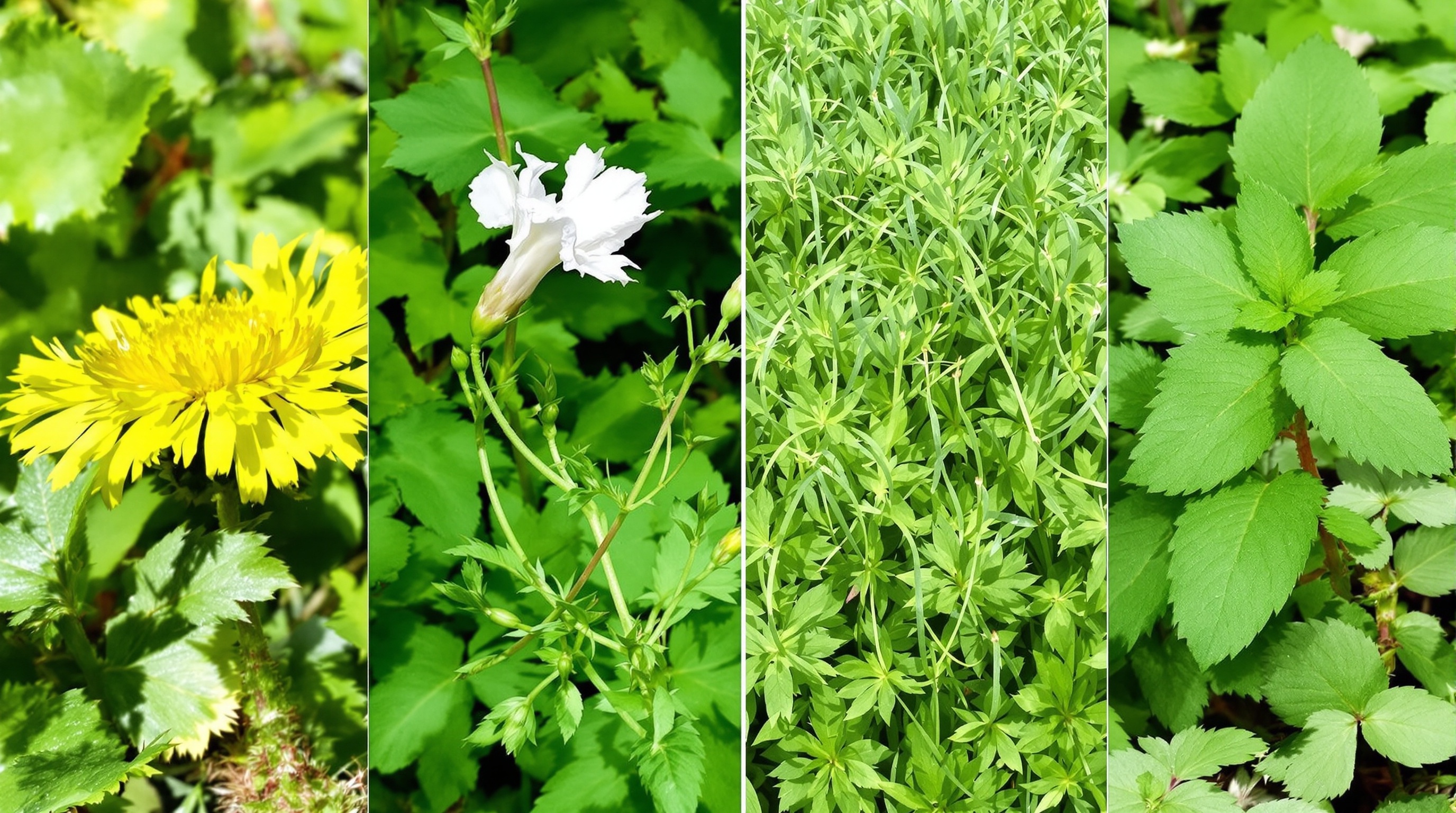 Image composite : pissenlit jaune, liseron grimpant, chiendent en tapis, ortie dentelée