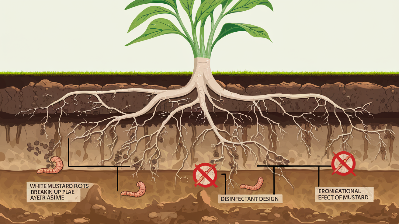 Infographie moutarde blanche, racines aérant le sol et nématodes barrés