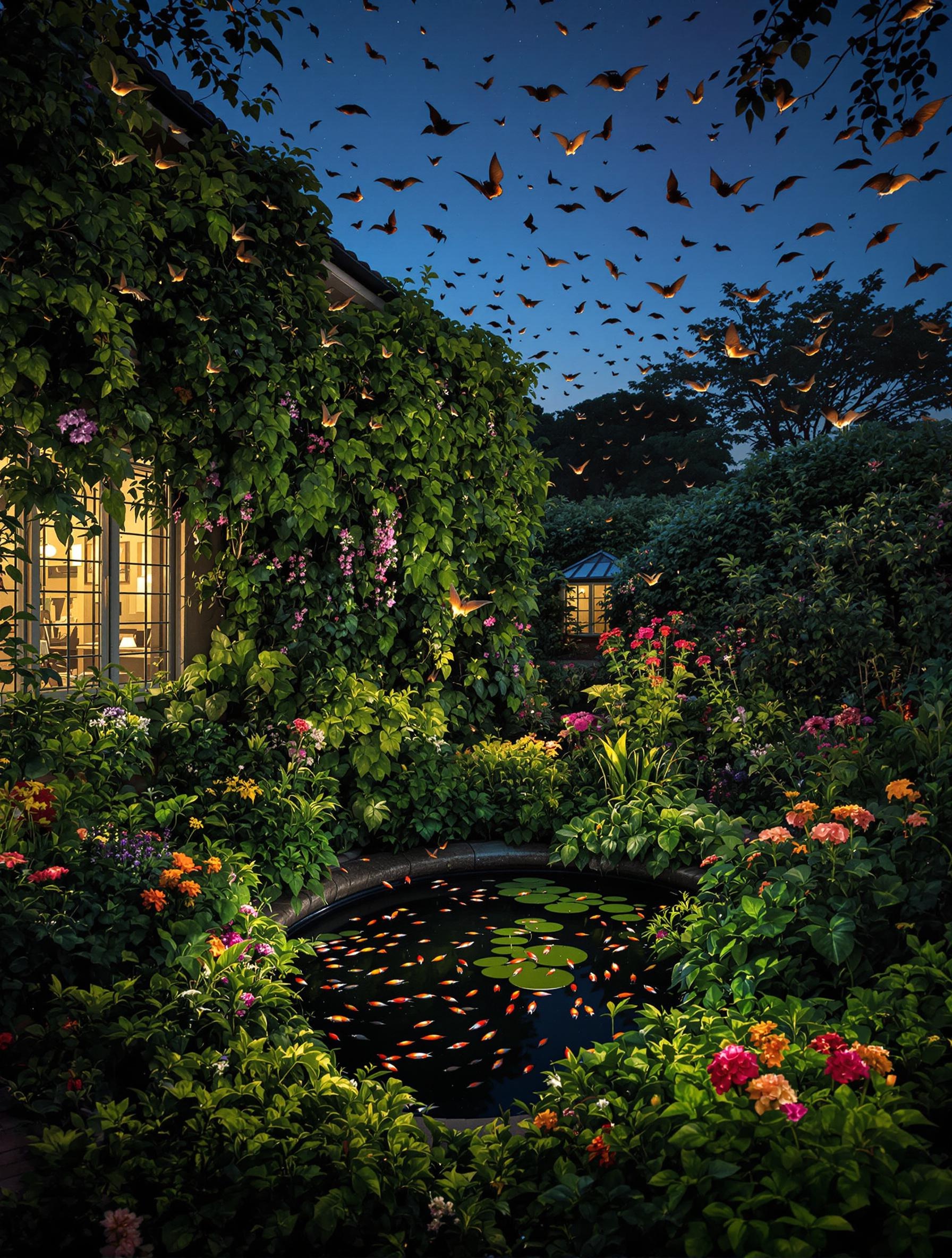 Jardin vivant avec Gambusie, chauves-souris, citronnelle et géranium rosat; moustiquaire en place.