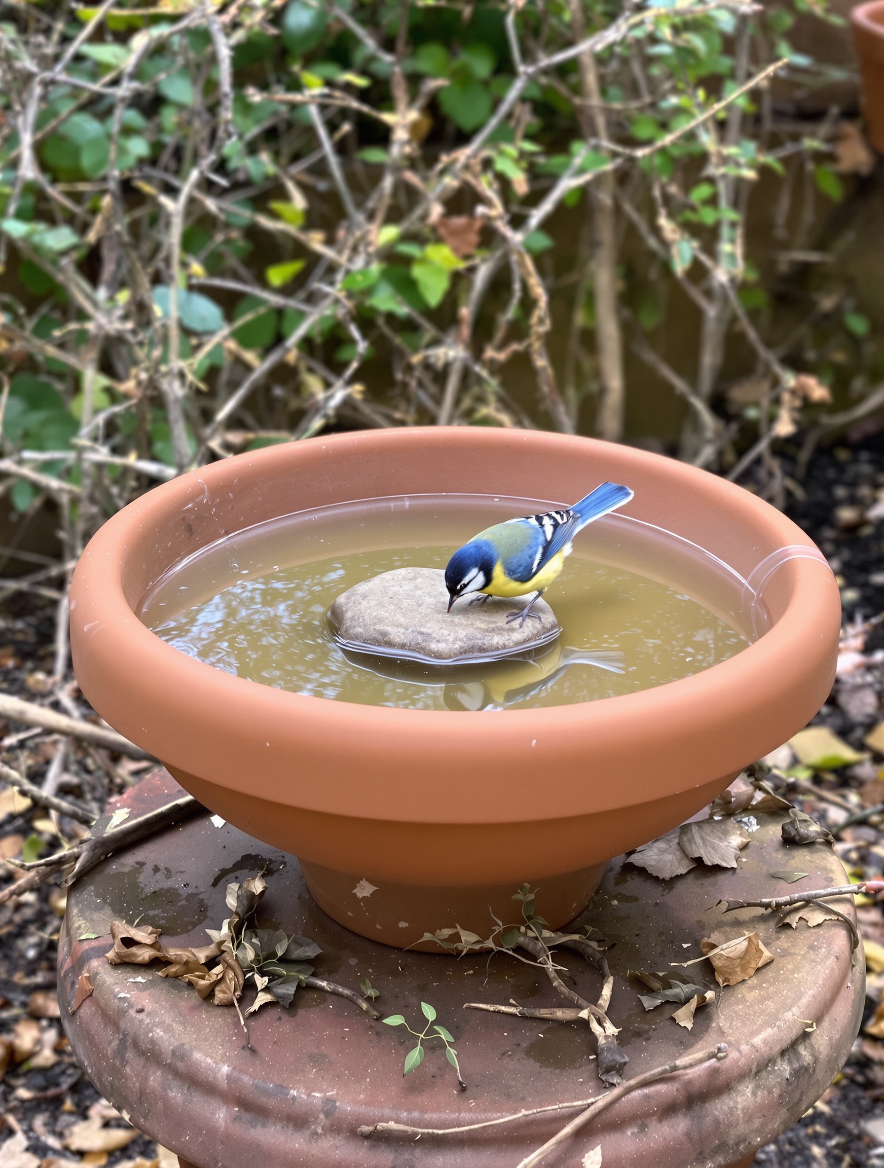 Soucoupe pot de fleurs bain d'oiseau mésange bleue pierre sécurité jardin naturel