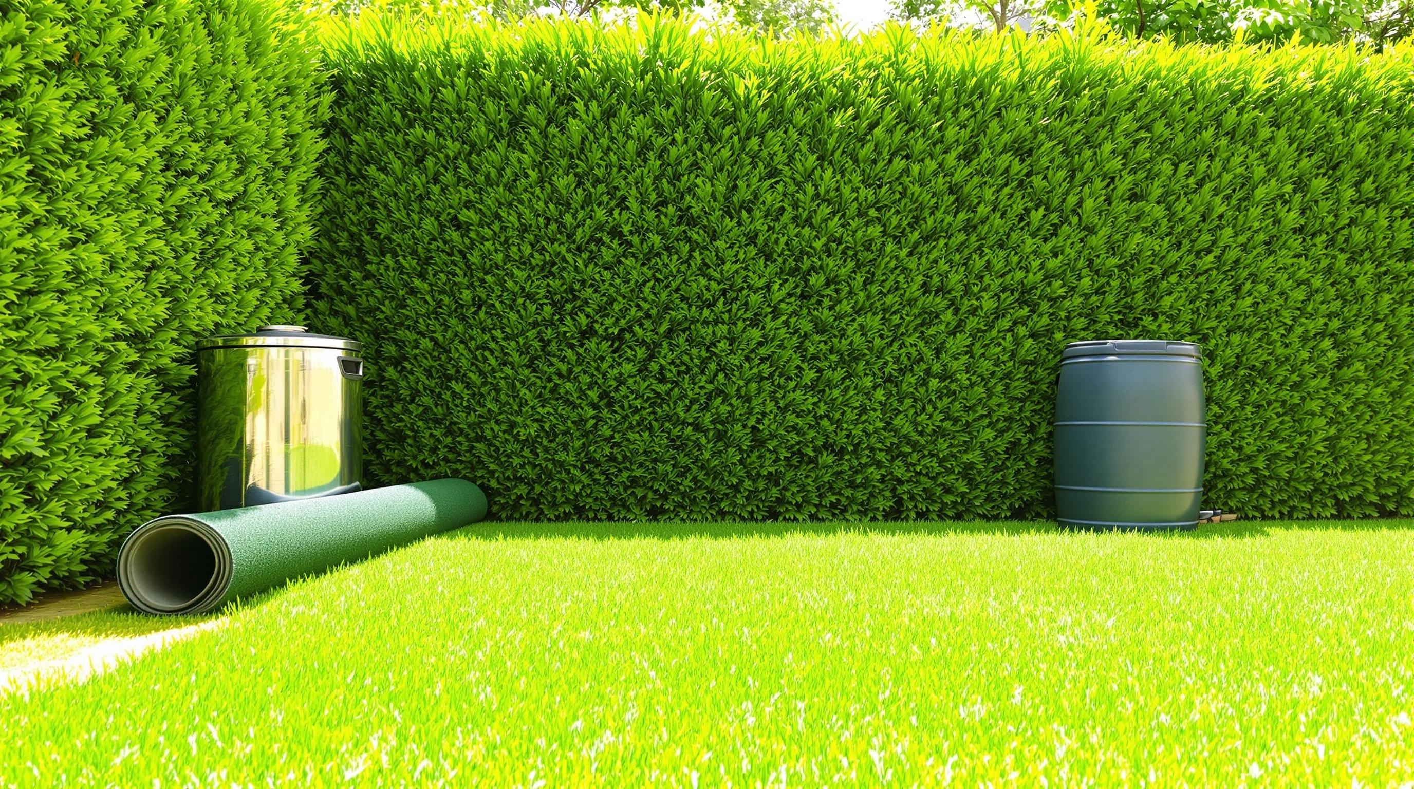 Jardin entretenu avec haie taillée, compost et plaques de gazon