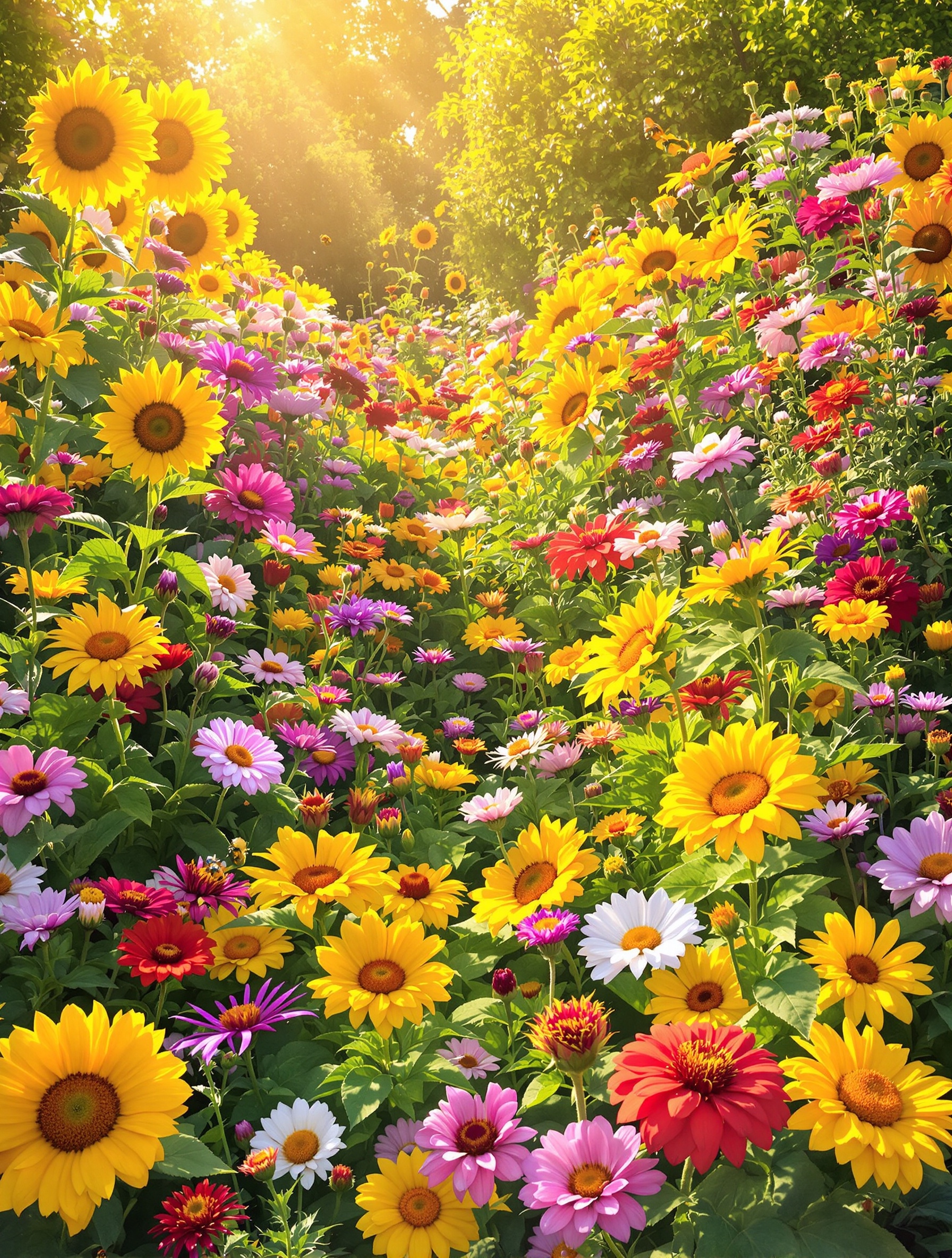 Jardin explosif été tournesols cosmos zinnias profusion