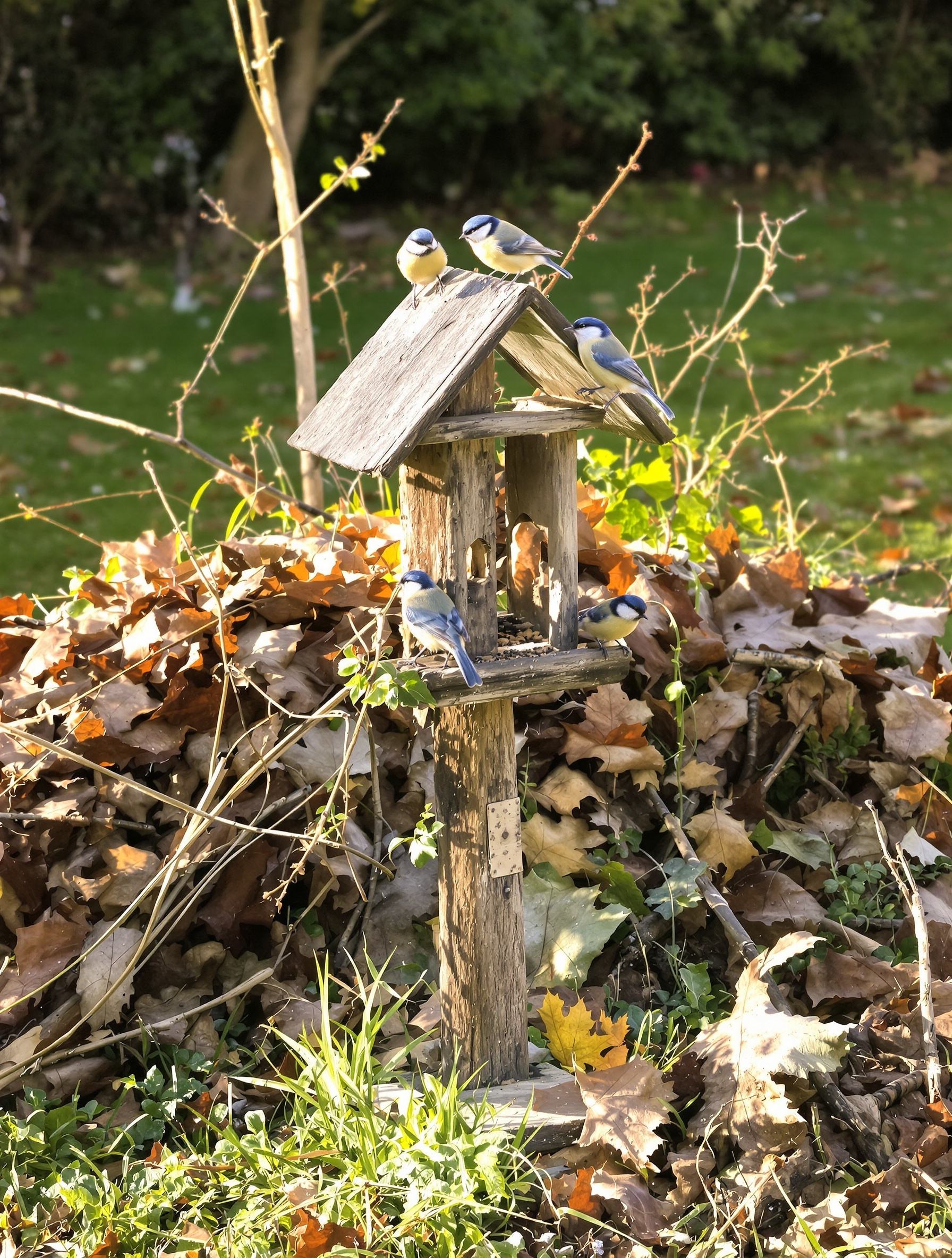 Jardin désordonné avec mésanges bleues mangeoire artisanale tas de feuilles point d'eau bricolé