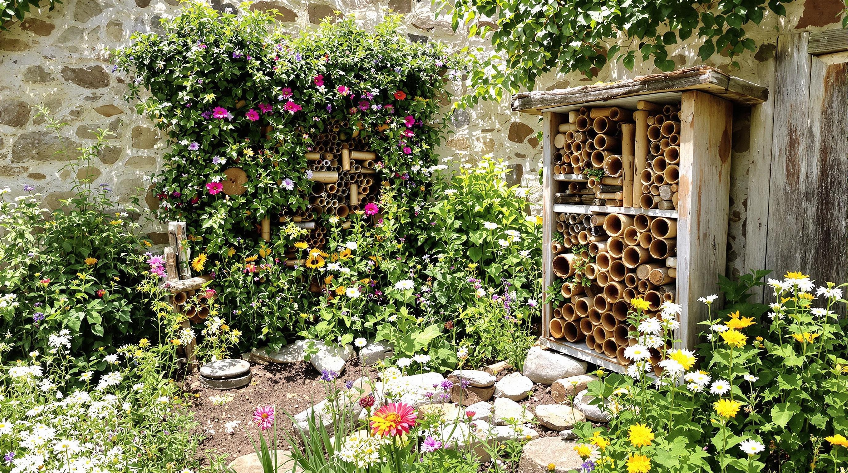 Aménagement pour guêpes solitaires : sols nus, tiges creuses, cavités en mur de pierre et hôtel à insectes proche de plantes fleuries.