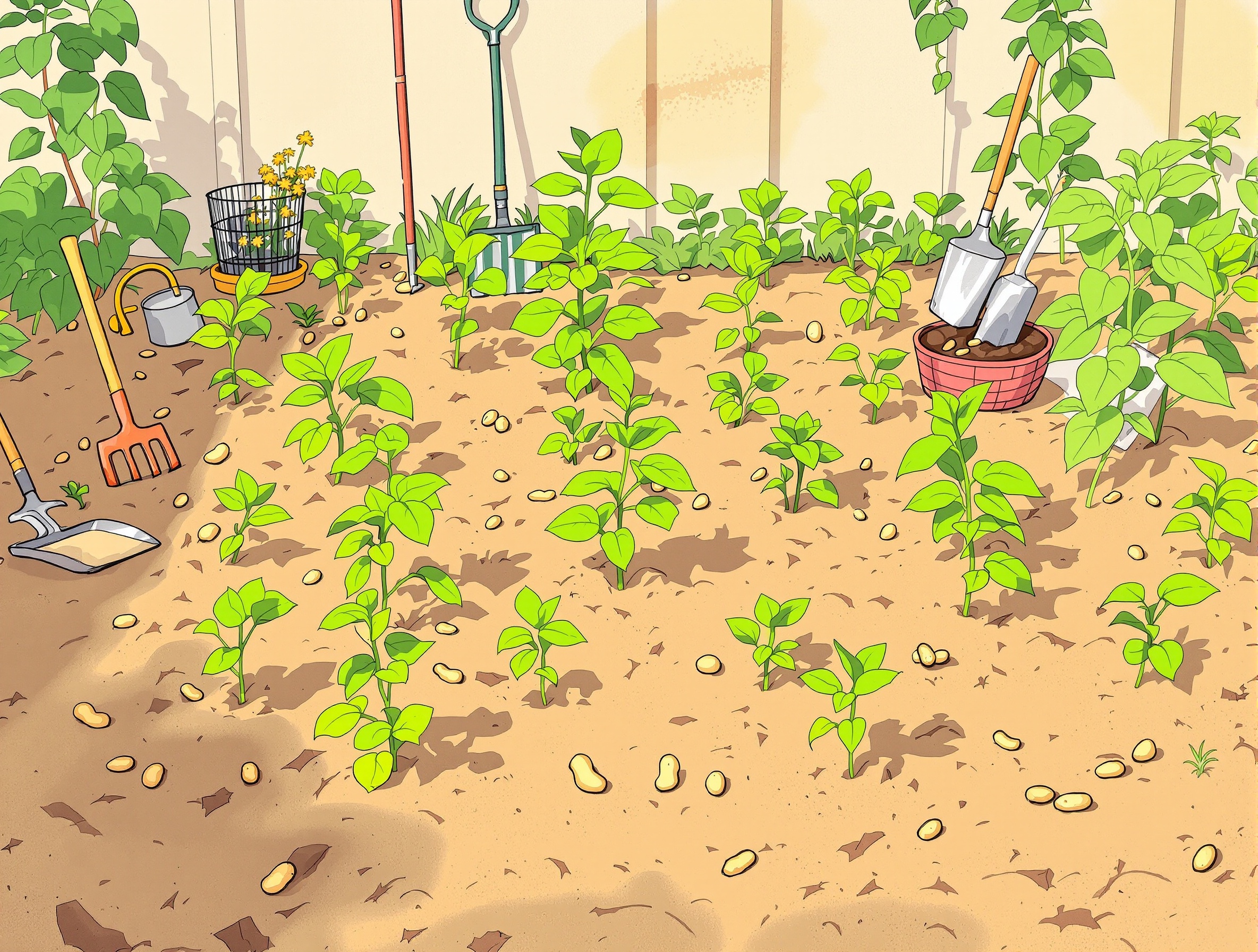 Potager urbain désordonné, culture de cacahuètes, ambiance réaliste et humoristique