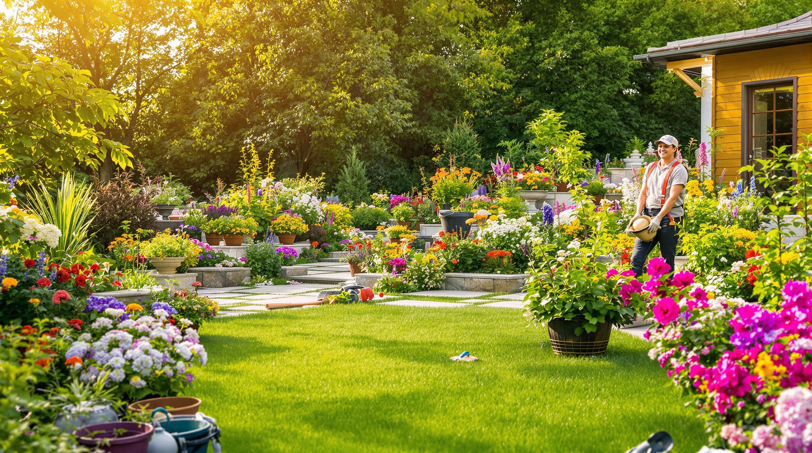 Un jardin à Rixheim en plein renouveau, outils sur le gazon, paysagiste souriant, ambiance maîtrisée avec fleurs et terrasse en porphyre.