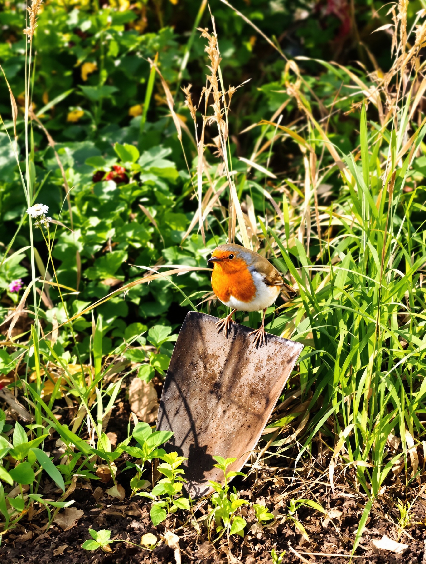 jardin vivant rouge-gorge posé bêche diversité bazar naturel