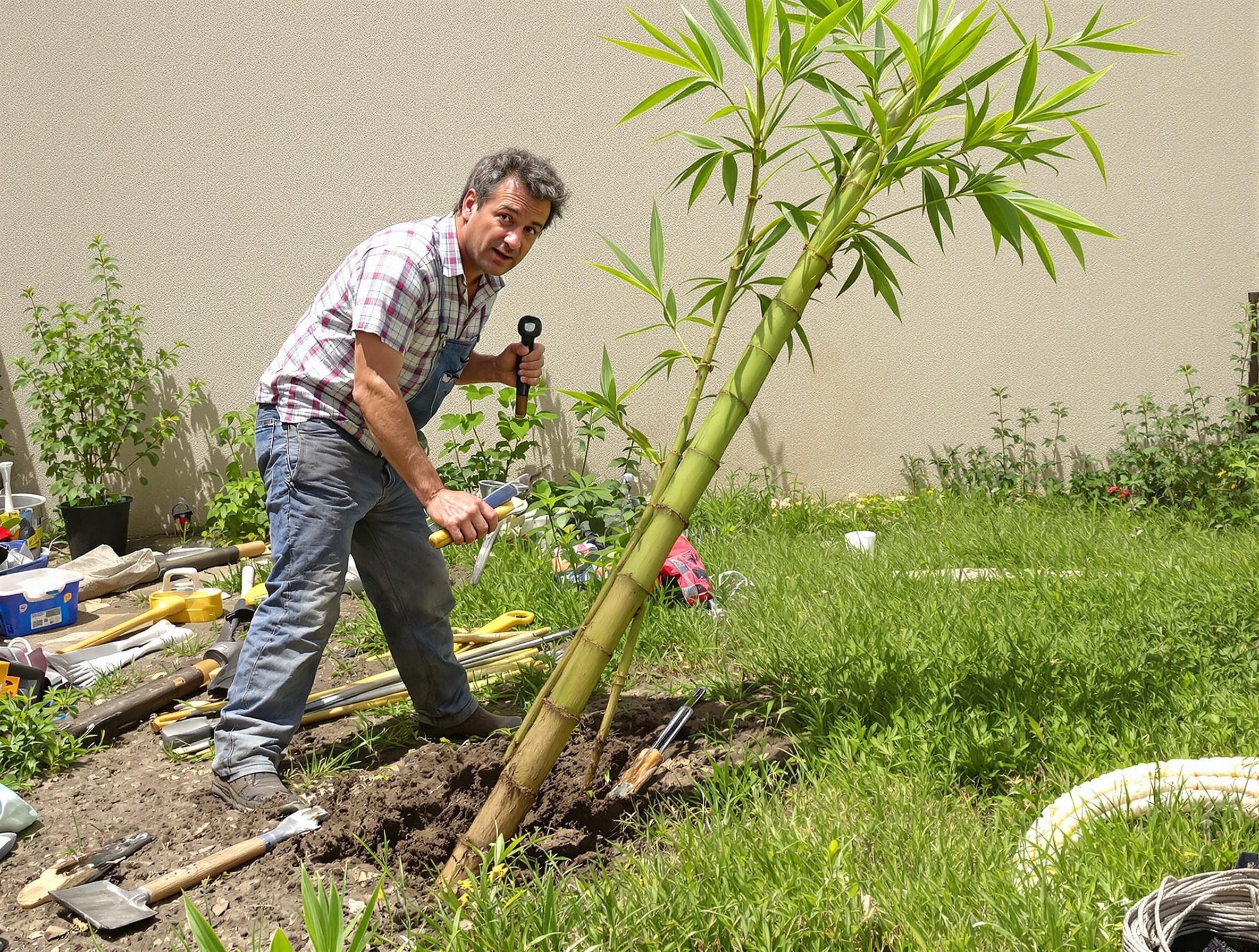 Un jardinier amateur tente de planter un bambou sans tuteur, le bambou est penché, outils éparpillés autour.