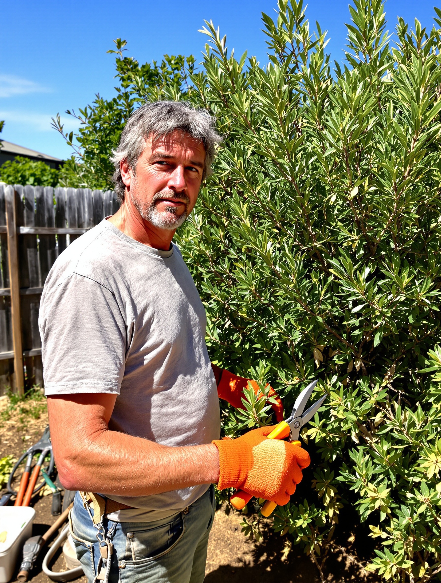jardinier hésite devant romarin en plein été