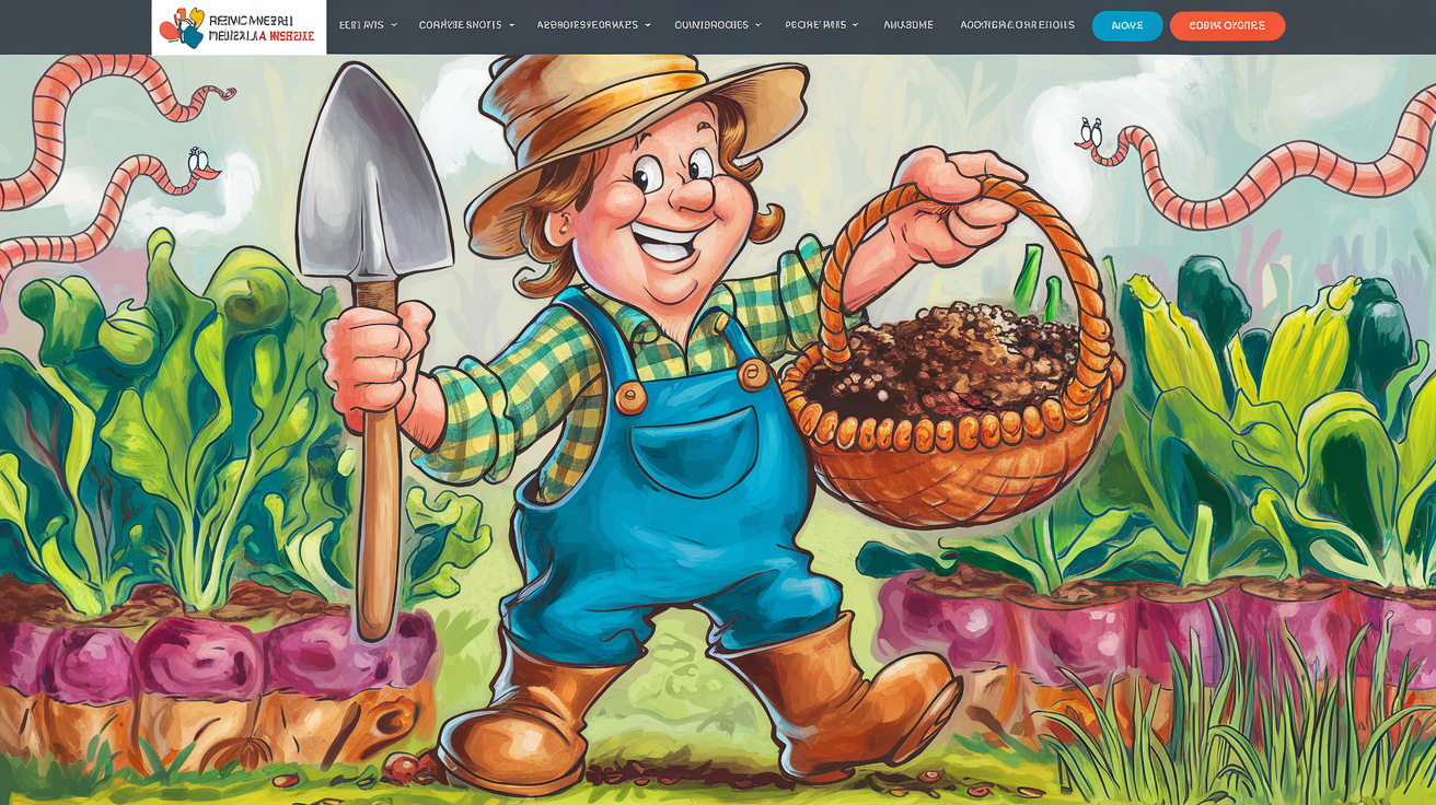 Jardinier en bottes avec bêche et panier de compost devant un potager verdoyant.