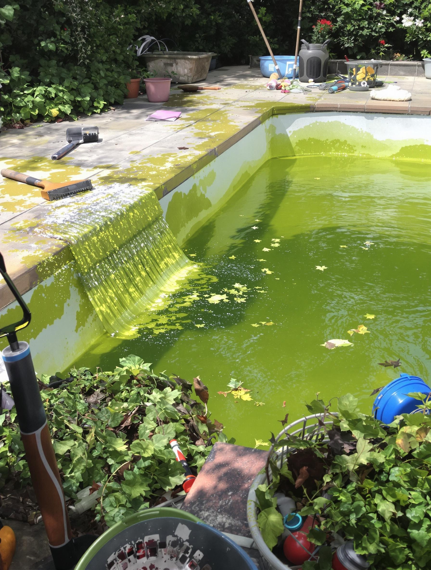 Brossage des parois d'une piscine verte avec humour