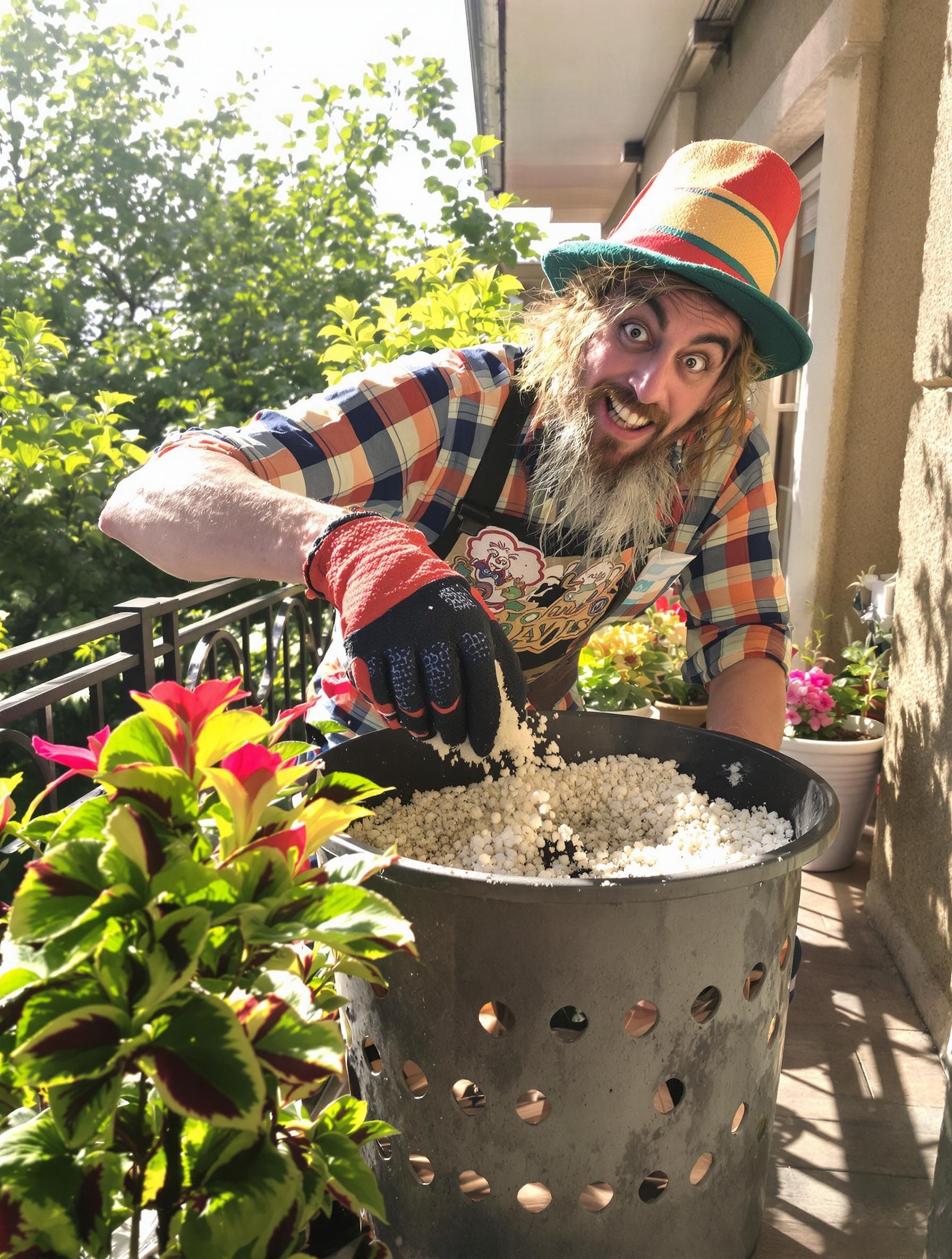 Jardinier excentrique prépare mélange terreau fibre coco perlite pour pelargonium zonale