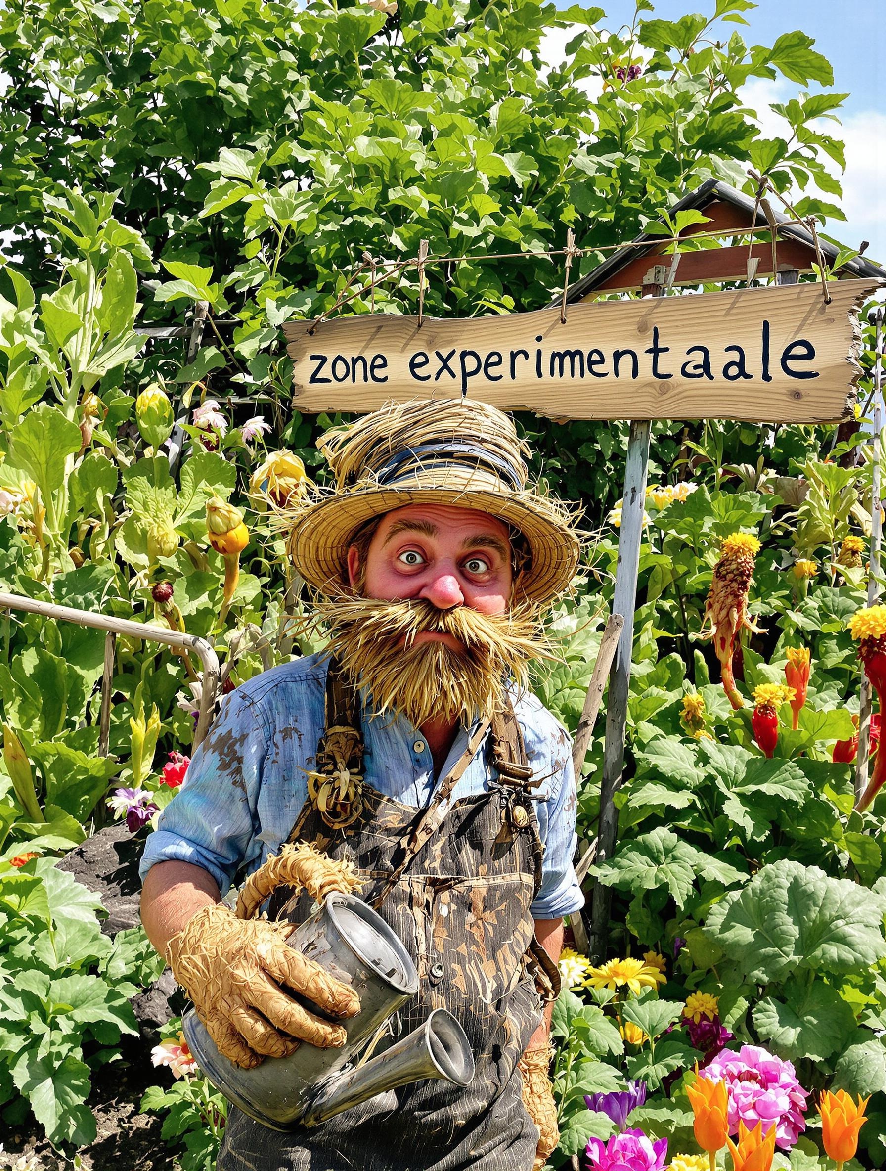 Jardinier excentrique dans un potager anarchique avec humour et expérimentation