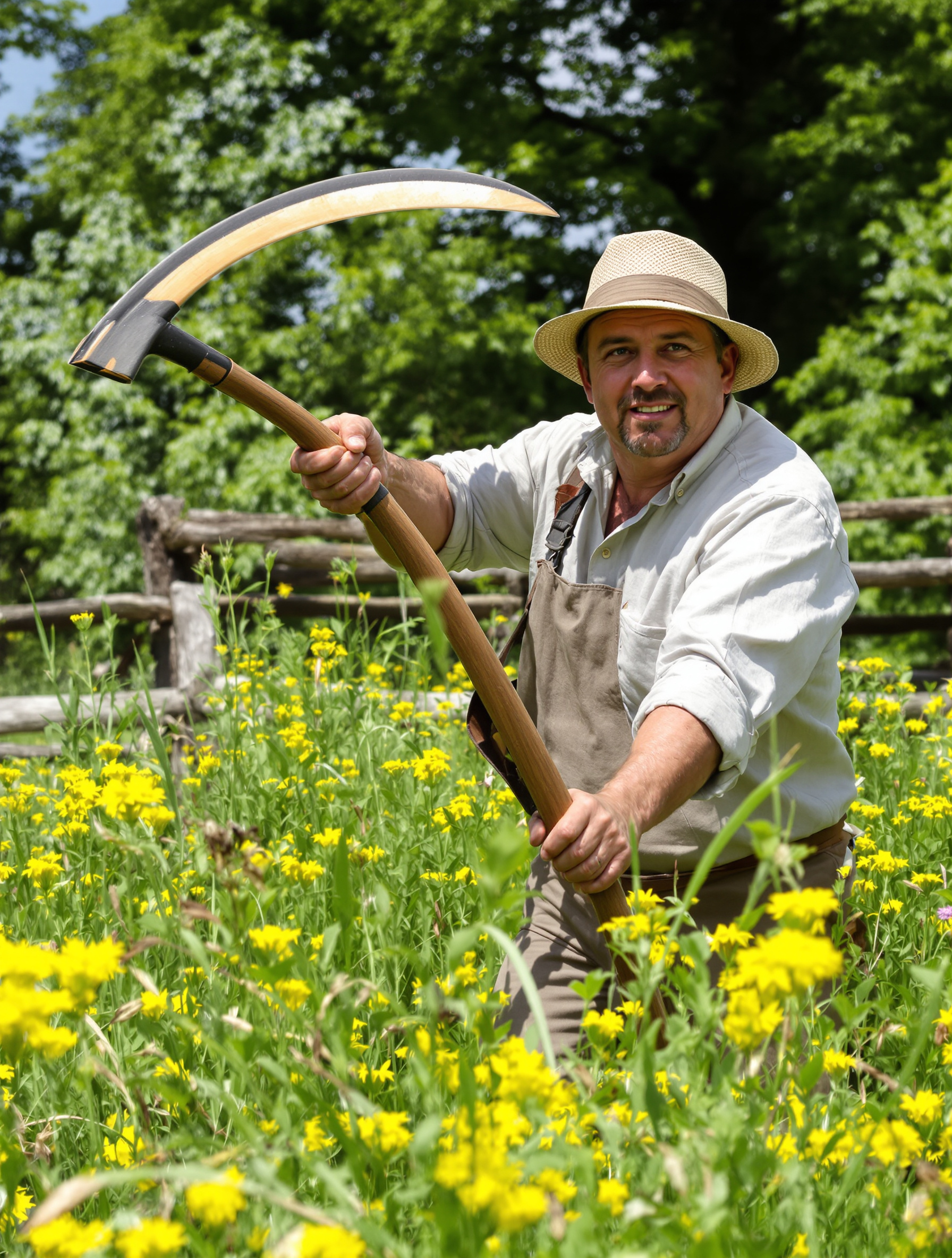 Un jardinier maniant une faux traditionnelle coupe l'herbe haute dans une prairie sauvage, illustrant un jardinage écologique et silencieux.