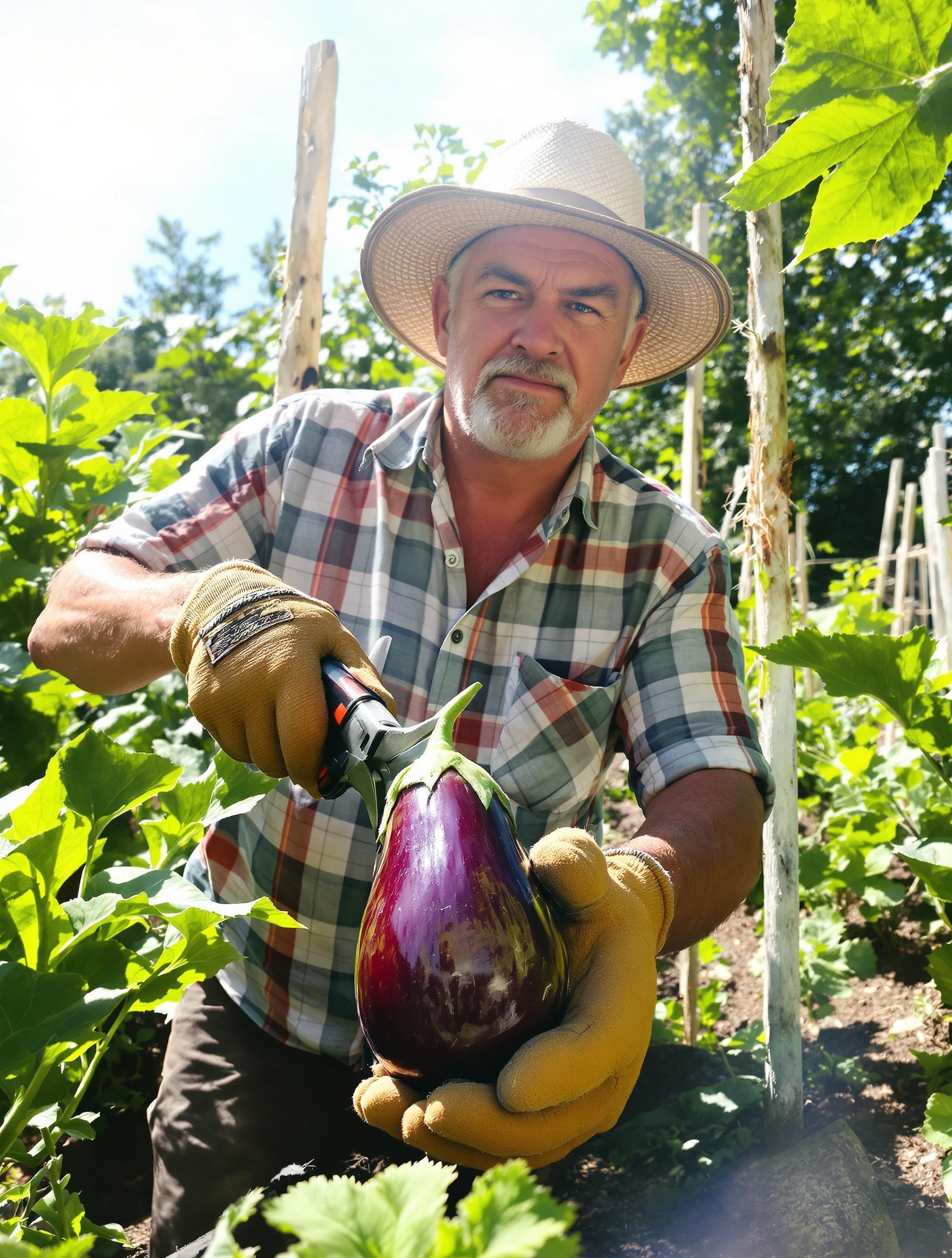 Jardinier cueillant une aubergine mûre avec un sécateur