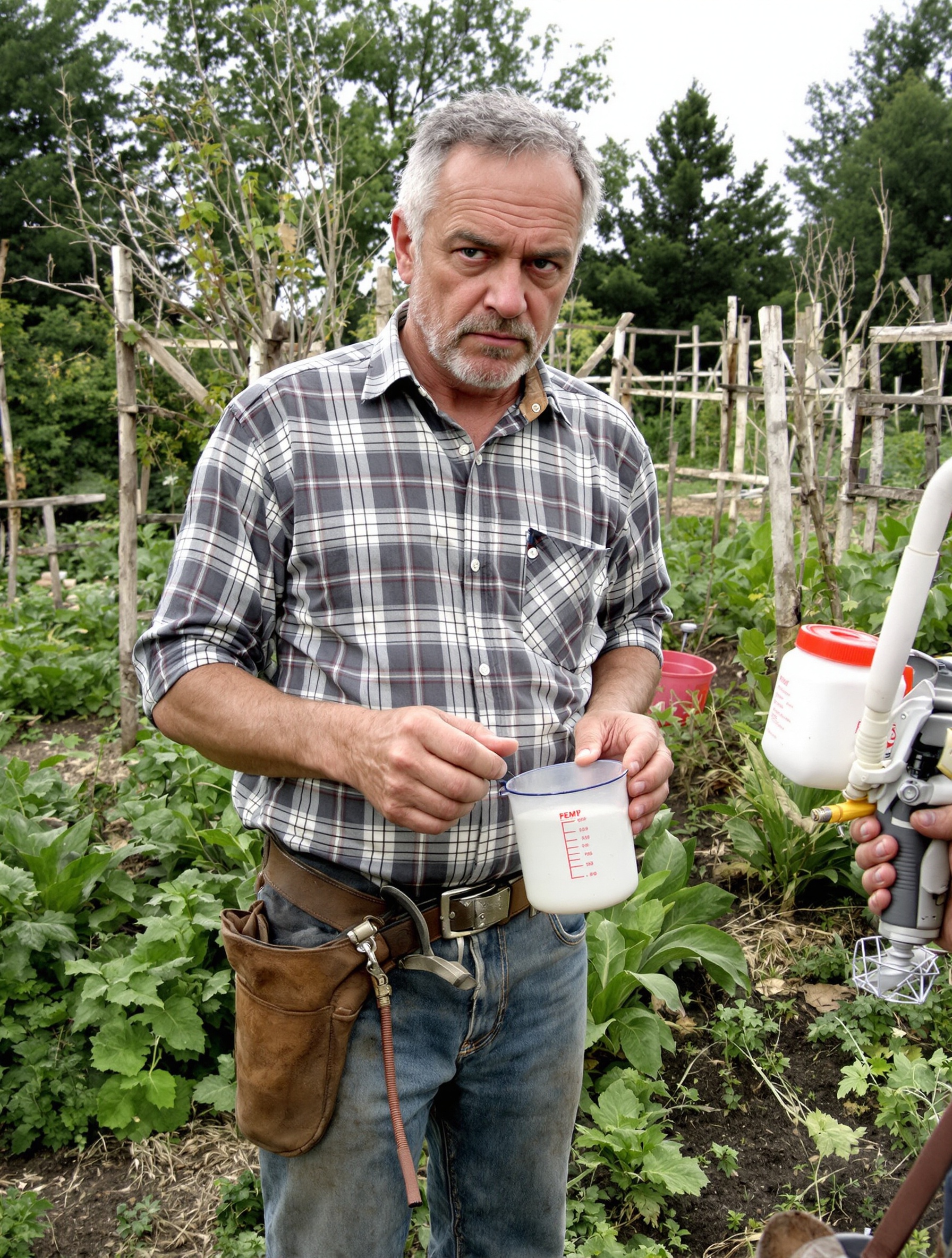 Jardinier grognon dosant précisément du glyphosate devant un bazar végétal.