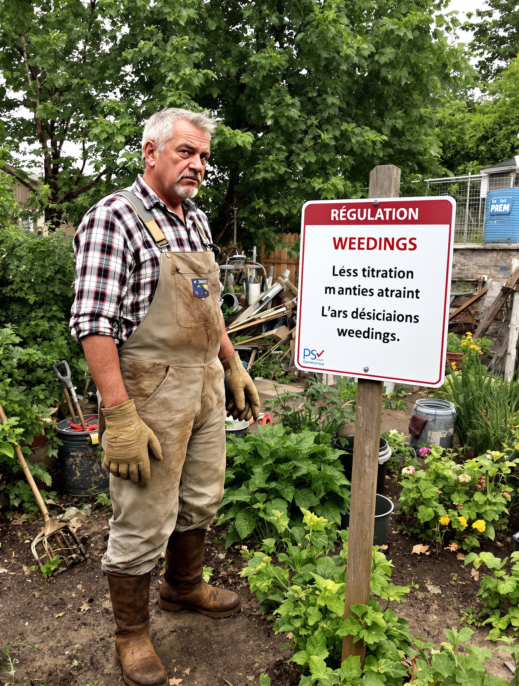 Jardinier grognon devant un panneau réglementaire avec potager désordonné.