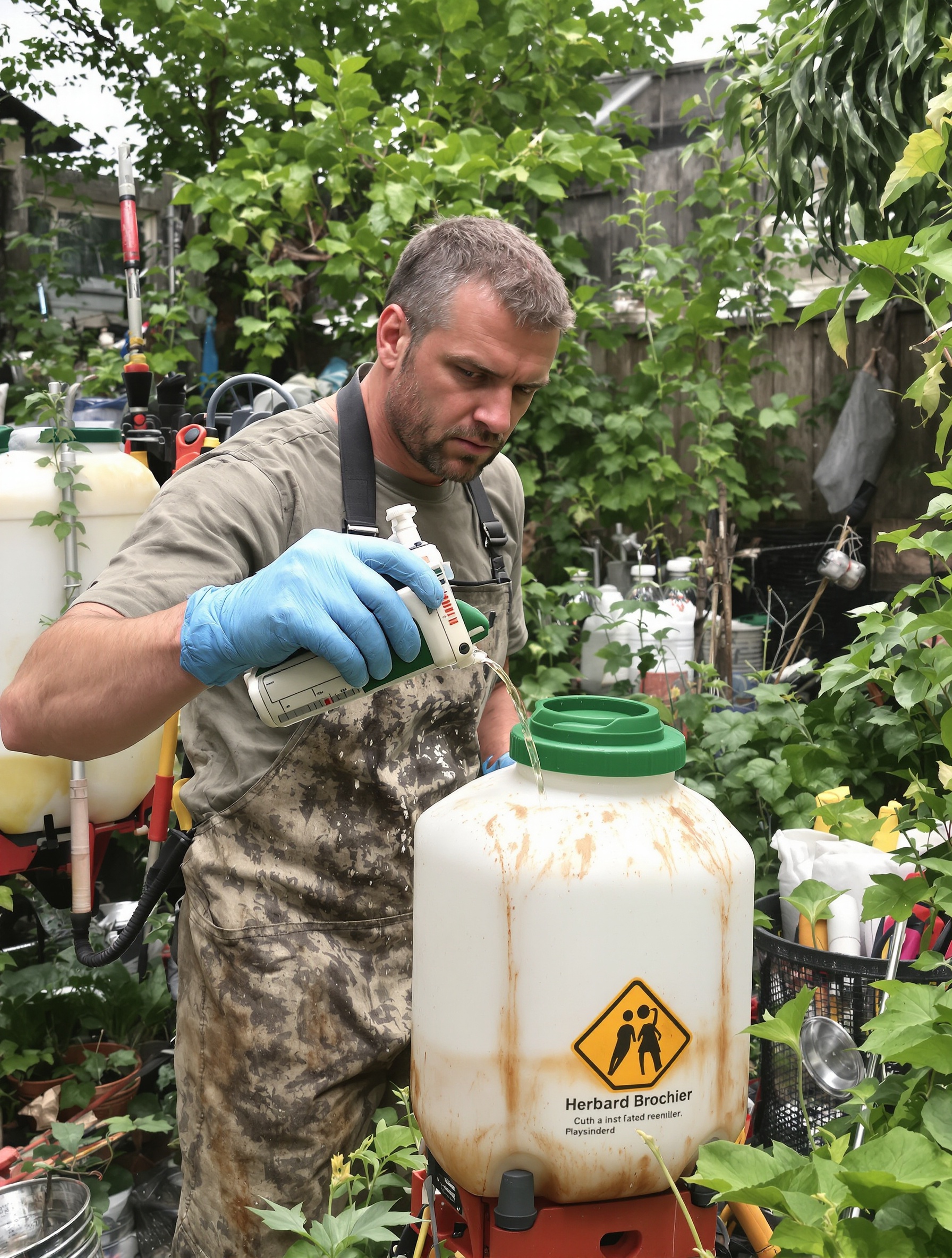 Jardinier grognon préparant un mélange de désherbant dans un pulvérisateur avec précaution.