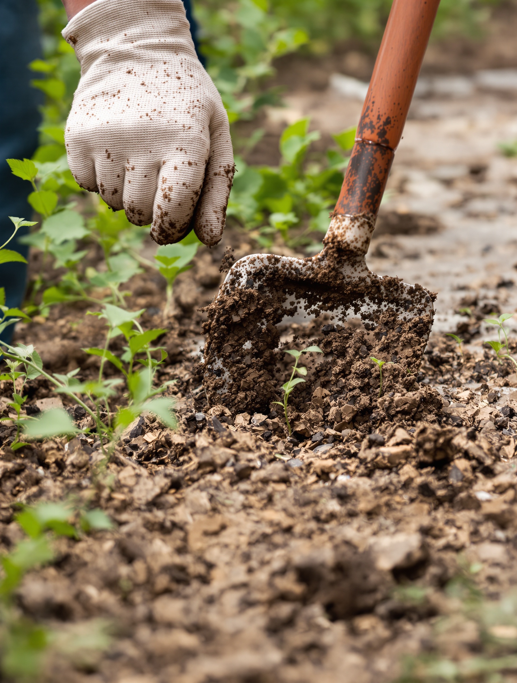 Jardinier, mains sales de terre, utilisant un sarcloir ou une binette pour désherber manuellement.