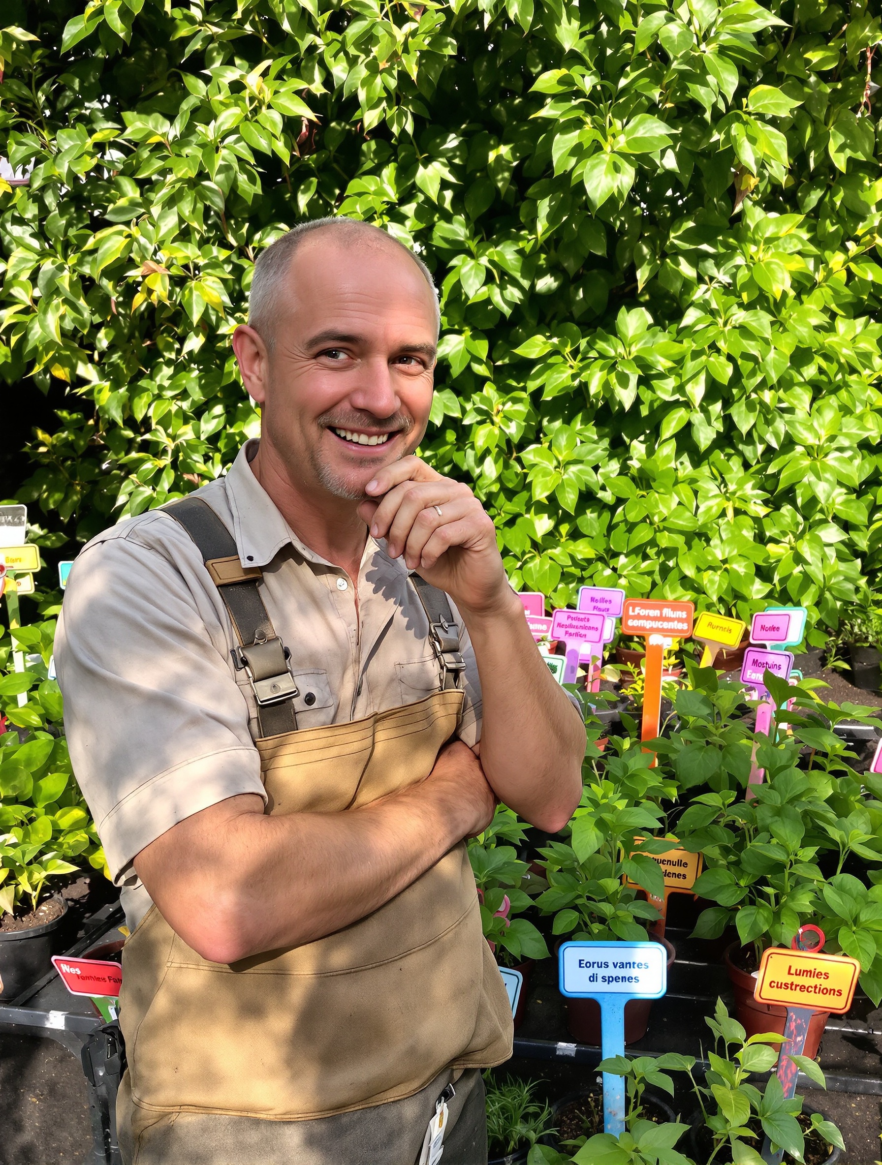 Jardinier complice face au choix de plants sur terrain humide et ensoleillé, ambiance réaliste.