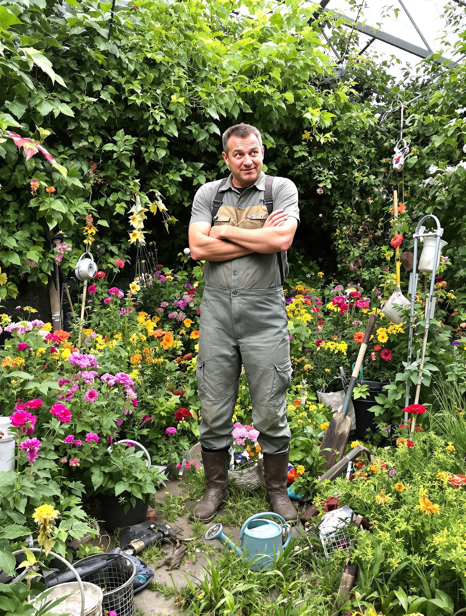 Jardinier observe joyeux désordre végétal entre fleurs et mauvaises herbes