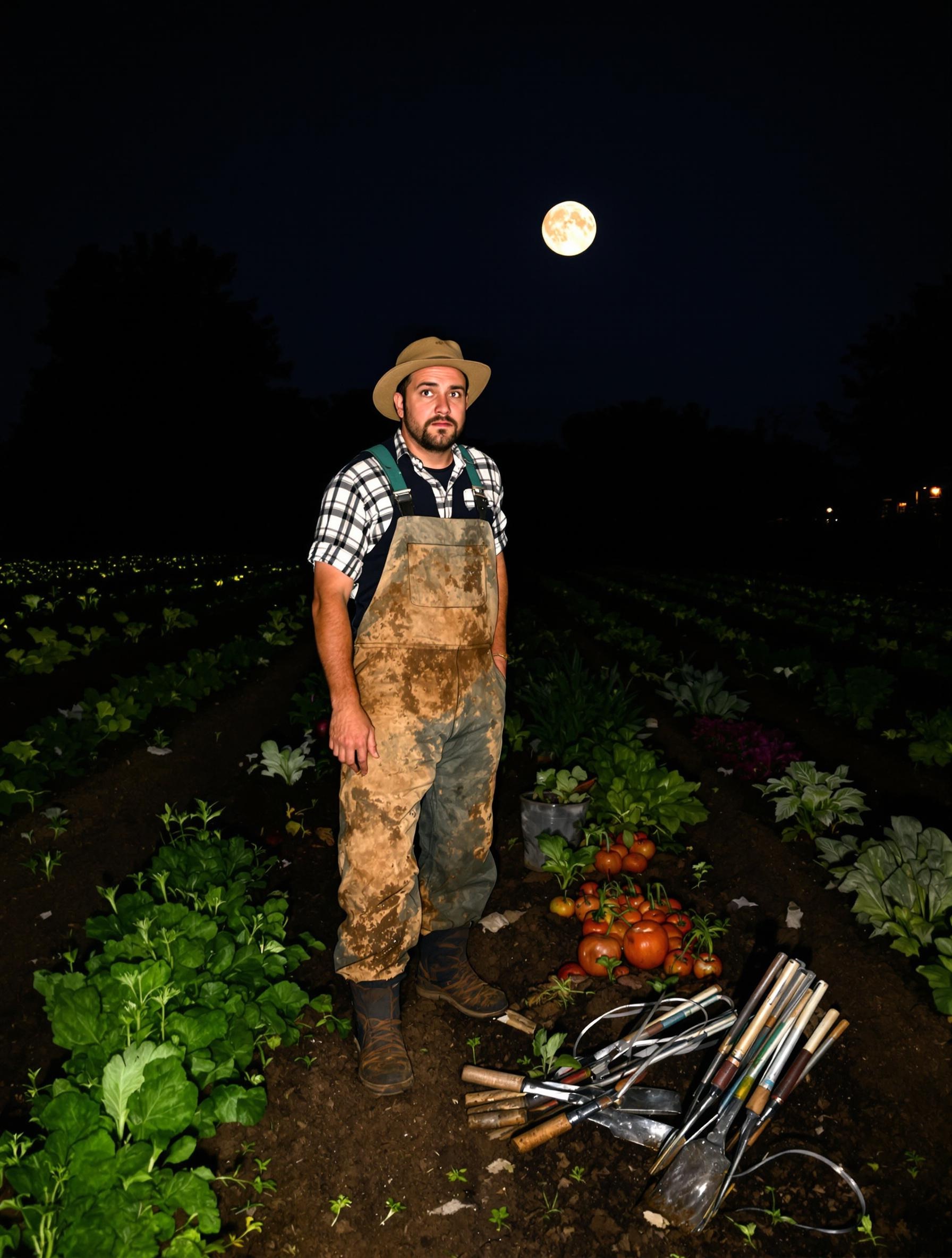 Jardinier perplexe sous une pleine lune avec des légumes ratés