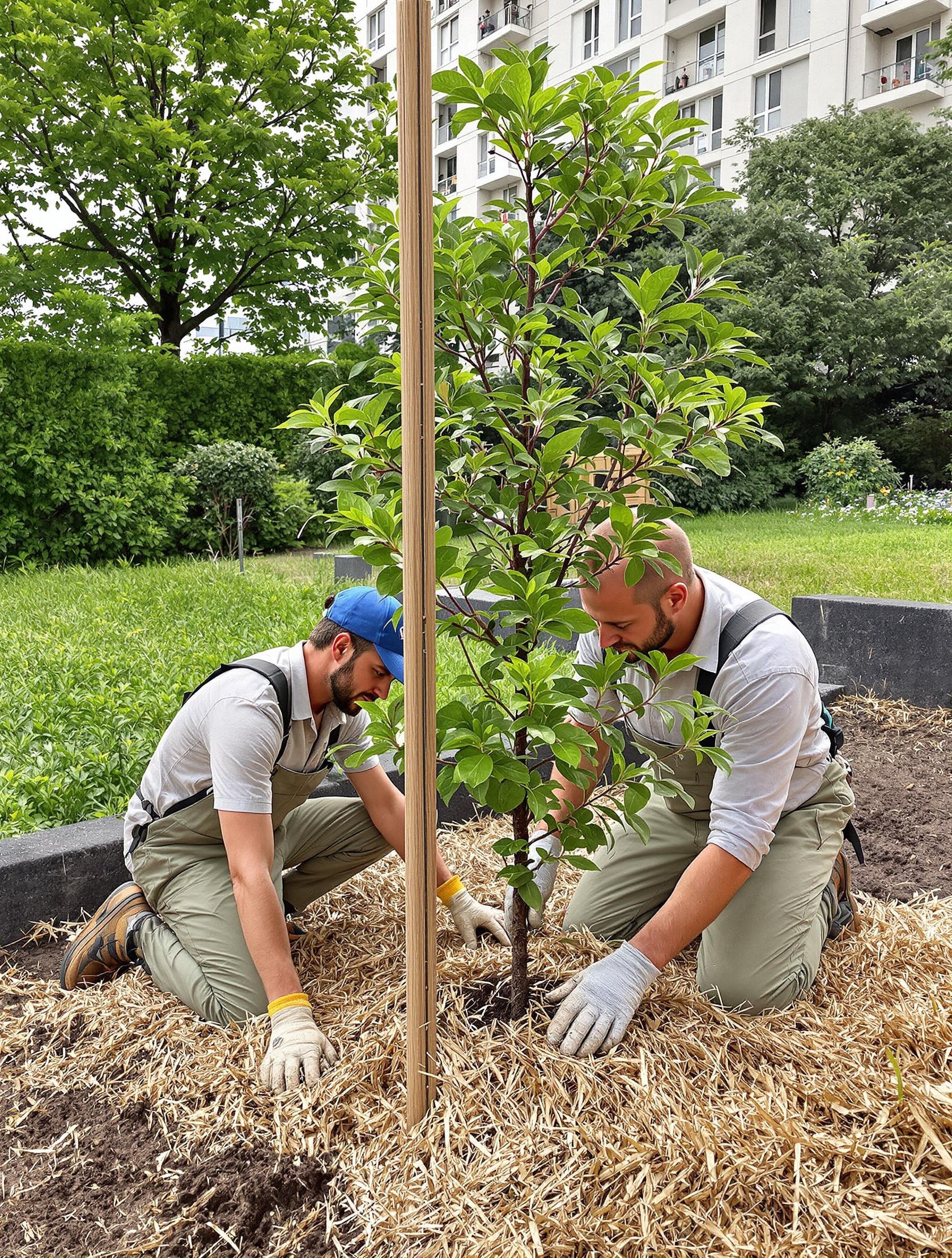 Plantation d’un jeune Morus kagayamae par un jardinier équipé d’un tuteur robuste, paillage abondant en paille dans un environnement urbain français contemporain.