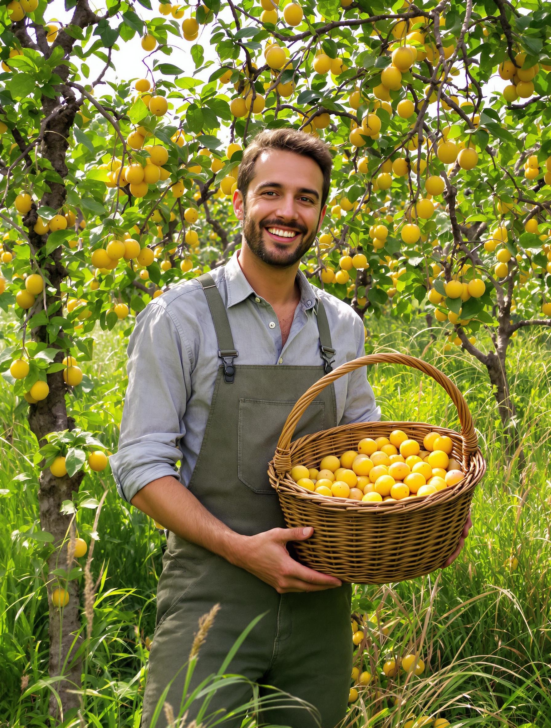 Jardinier récoltant des prunes jaunes mûres dans un verger rustique.