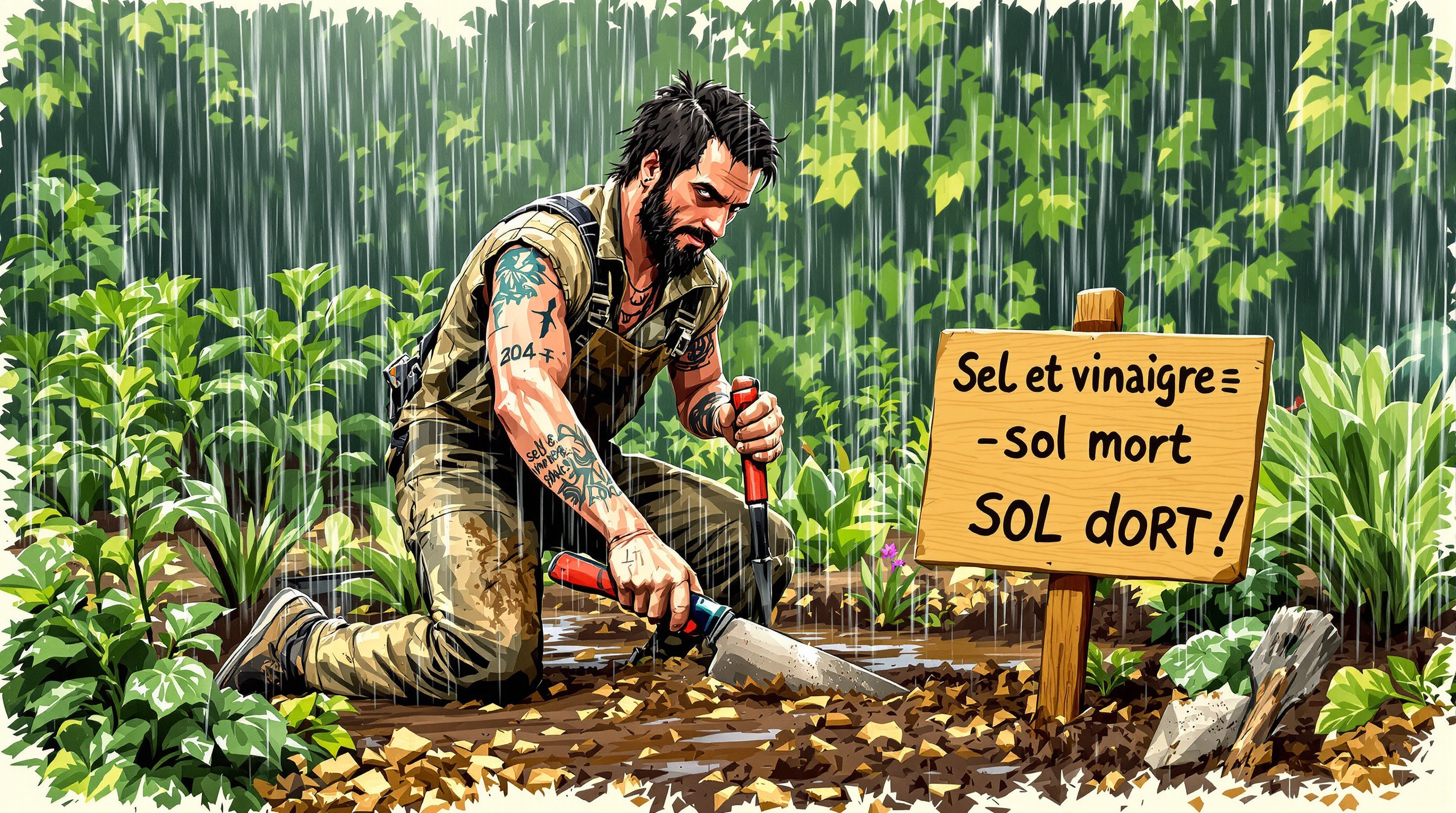 Jardinier rebelle en plein désherbage manuel sous la pluie, paillage, et panneau anti-sel-vinaigre