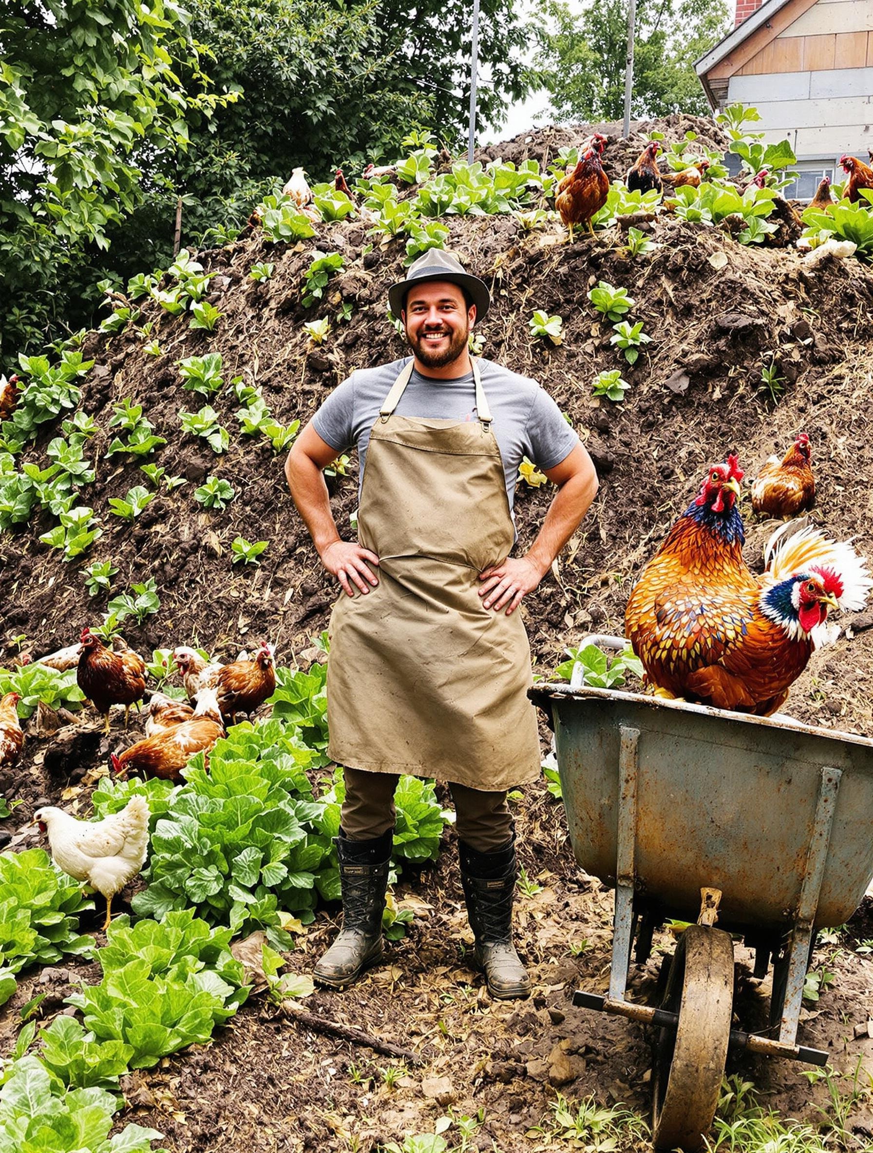 Potager anarchique avec une volaille rebelle et une brouette cabossée