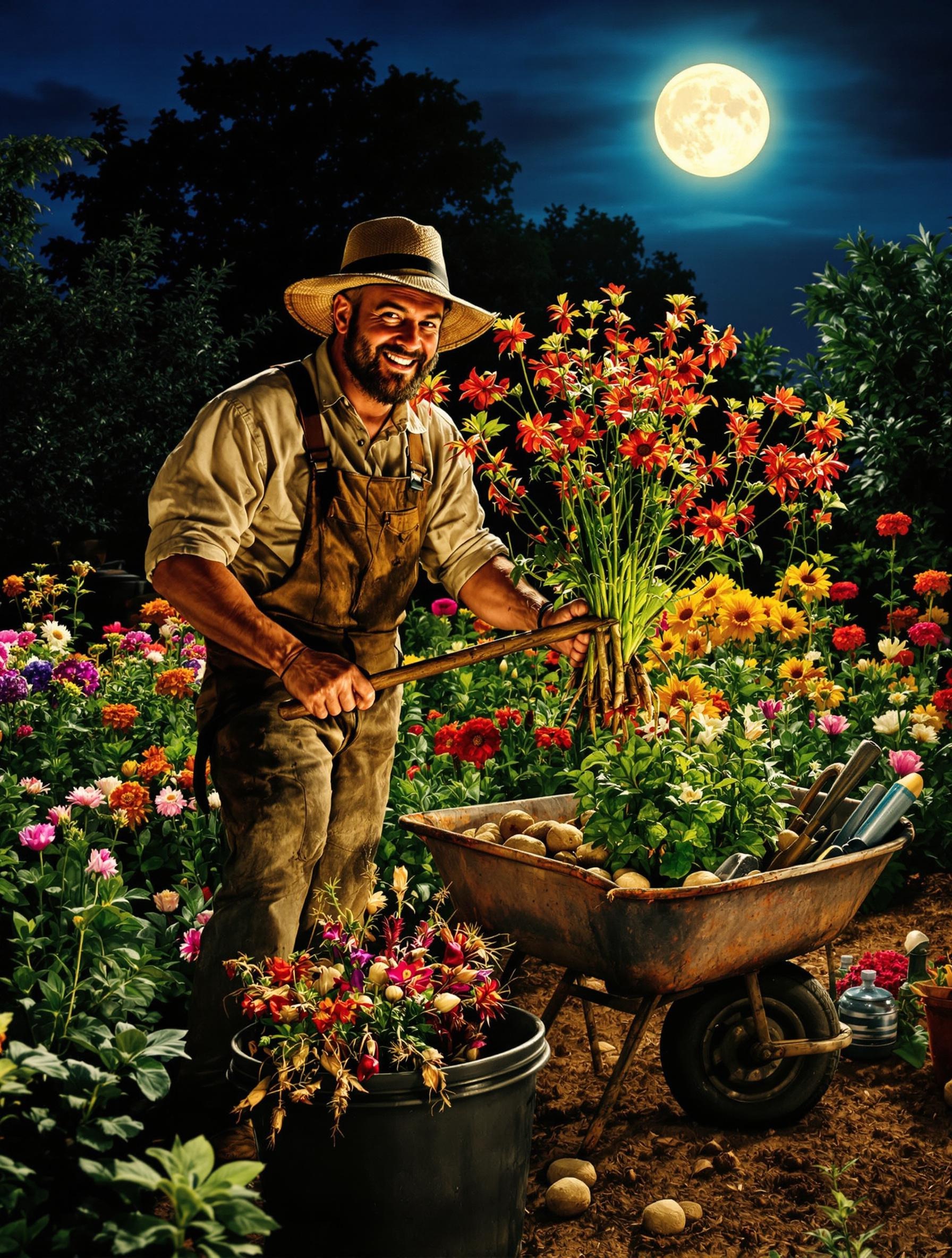 Jardinier divisant une touffe de Crocosmia sous pleine lune avec humour et brouette
