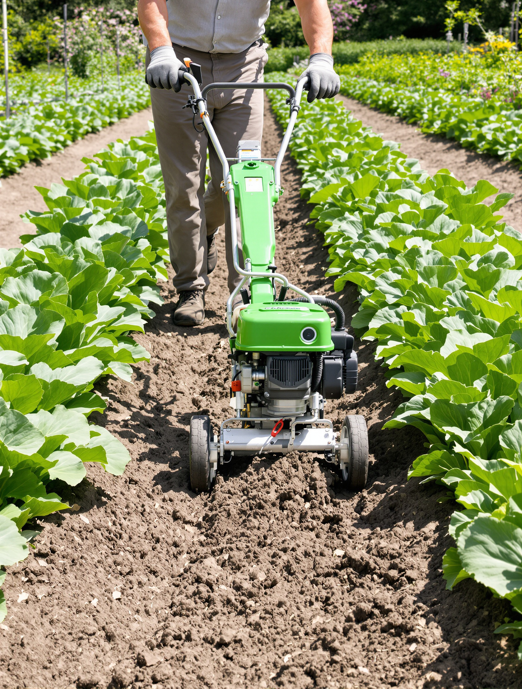 Jardinier utilisant une motobineuse légère entre deux rangs de légumes