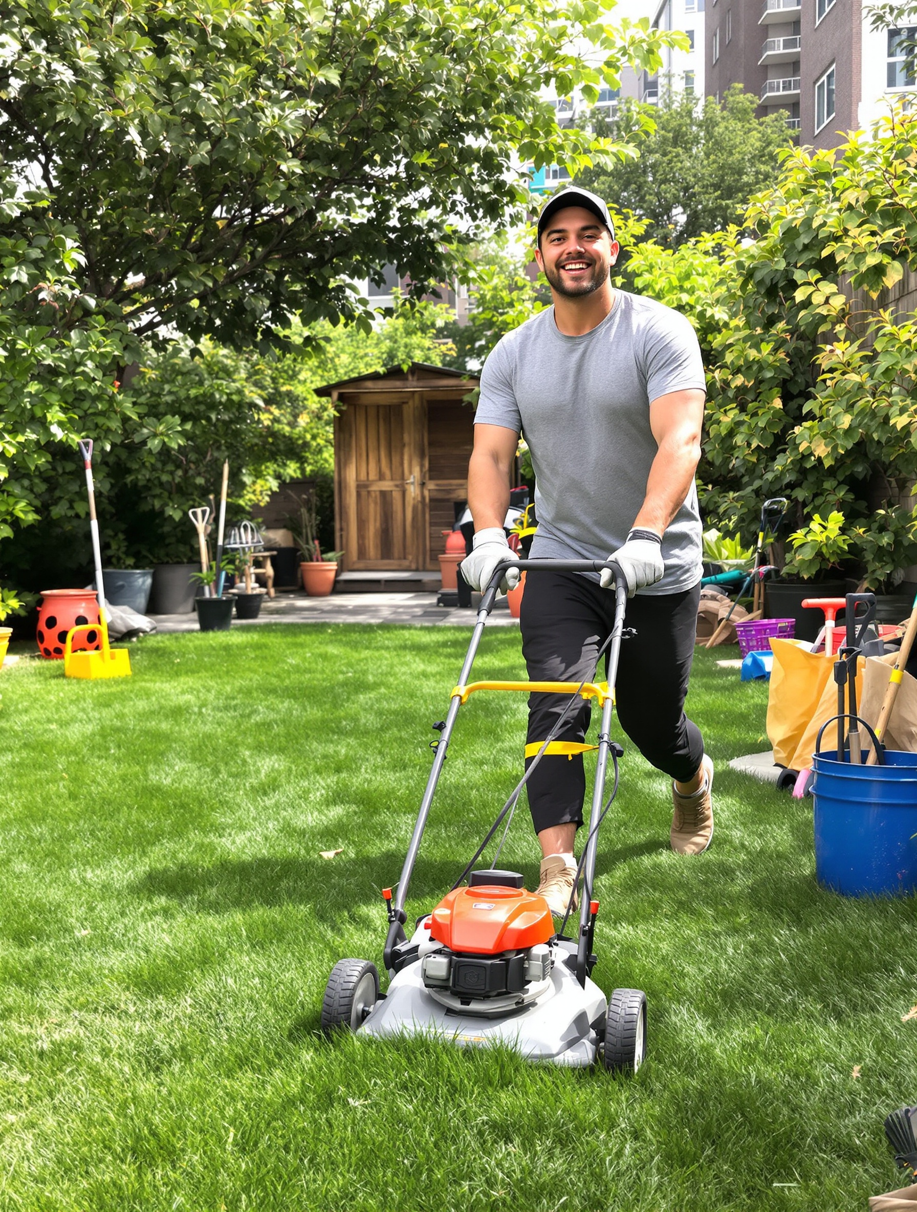 Jardinier utilisant une tondeuse à main dans un petit jardin urbain