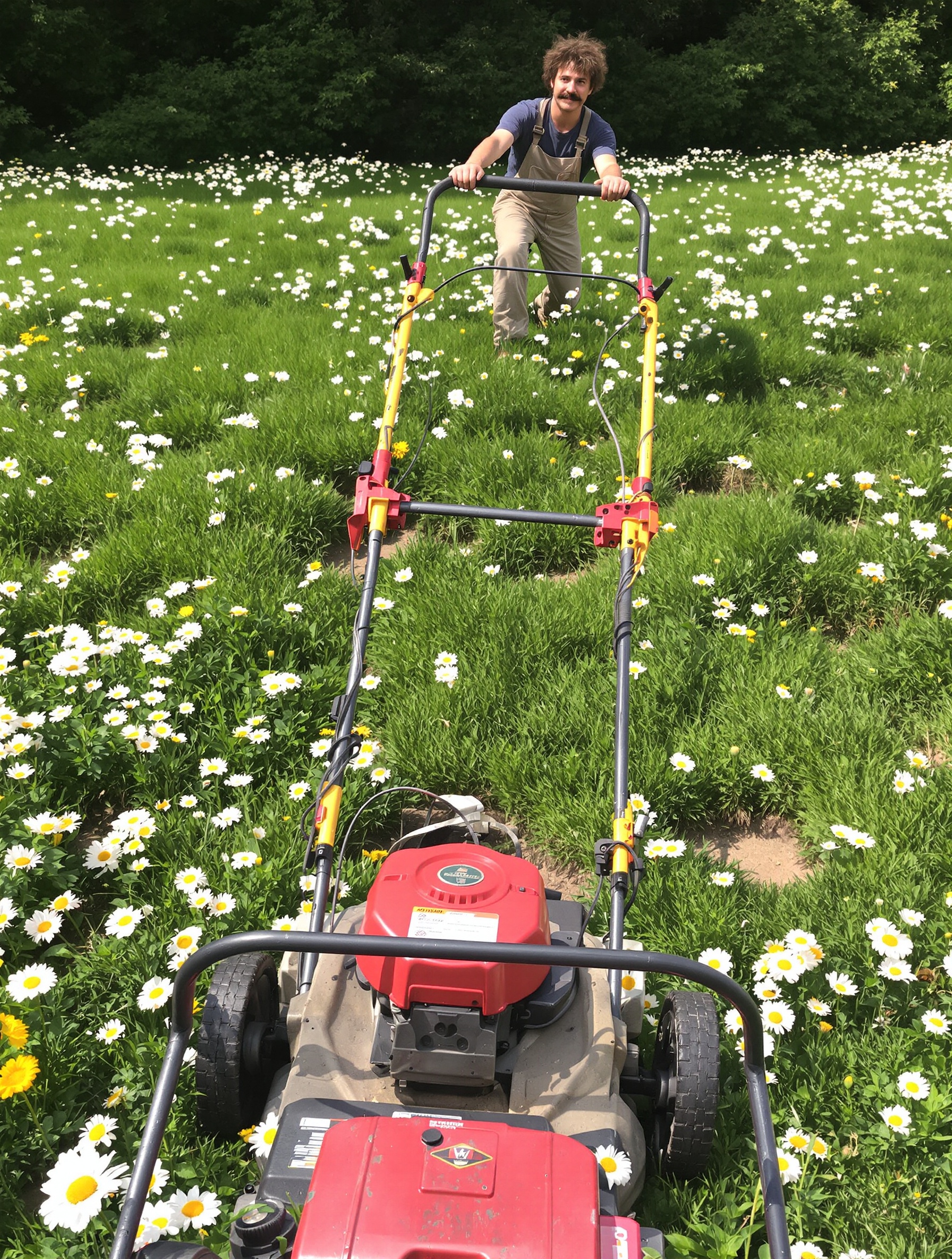 jardinier moustachu pousse une tondeuse manuelle sur pelouse bosselée