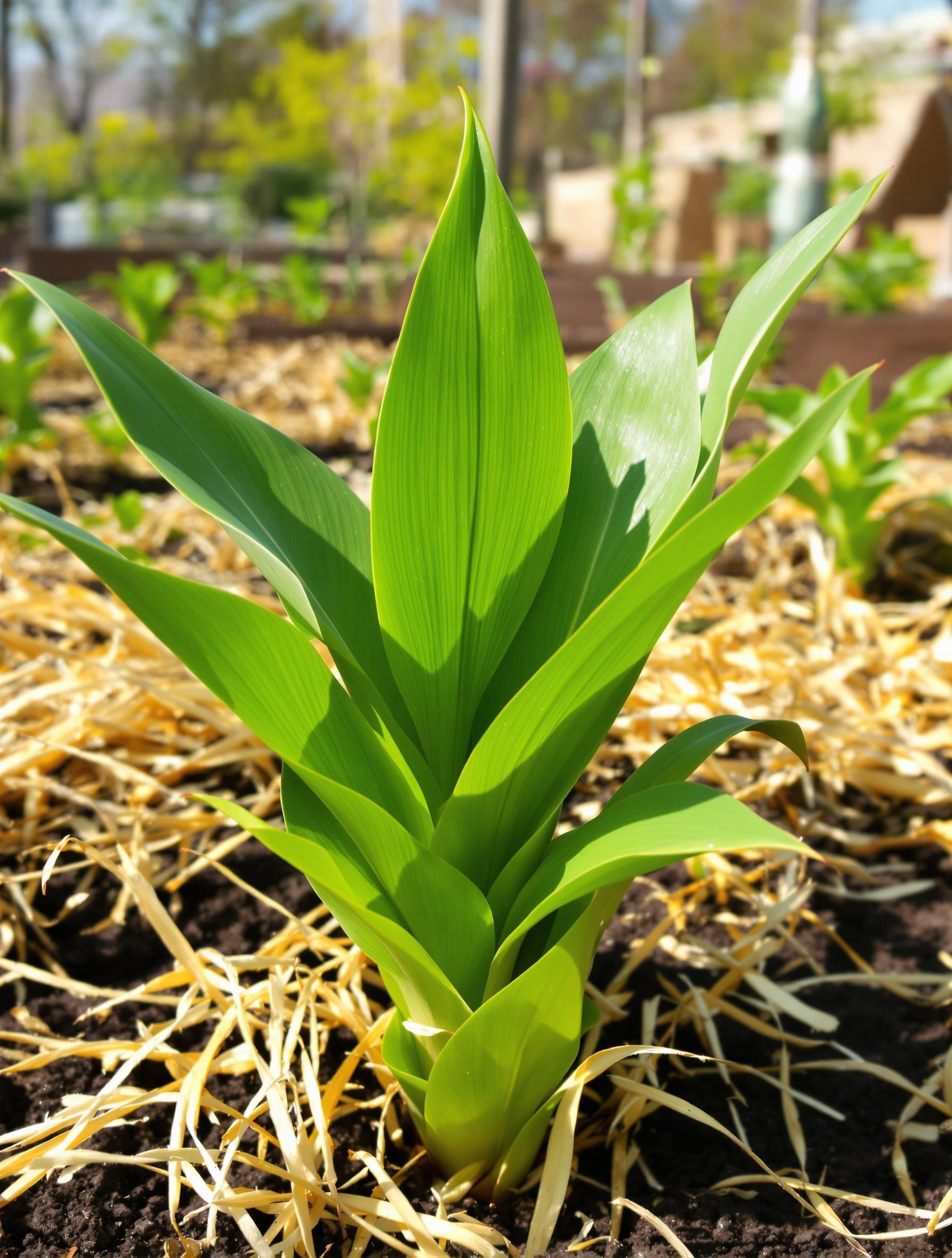 Jeune canna repiqué en pleine terre avec paillage de paille dorée, arrière-plan potager printanier