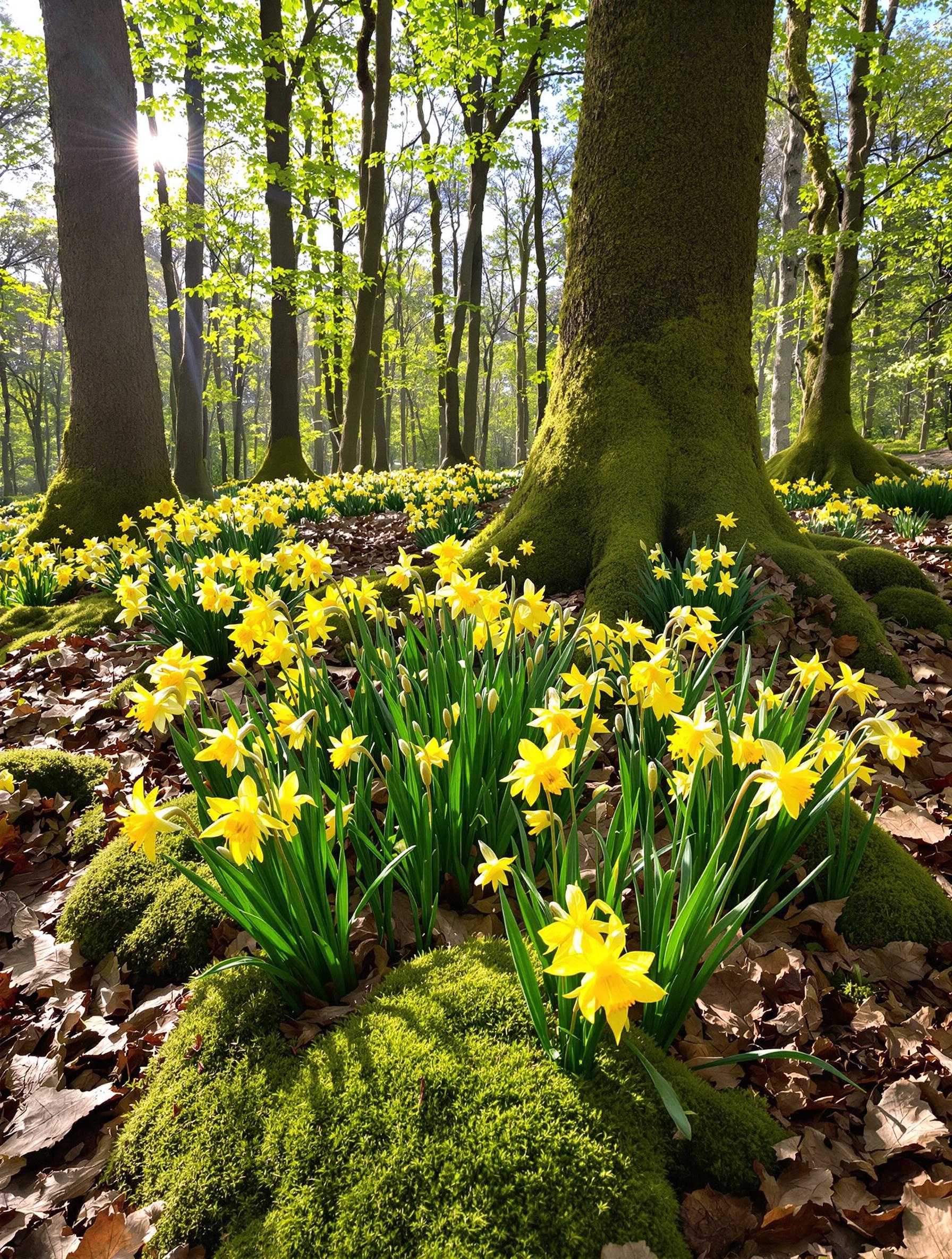Jonquilles sauvages dans un sous-bois mi-ombragé.
