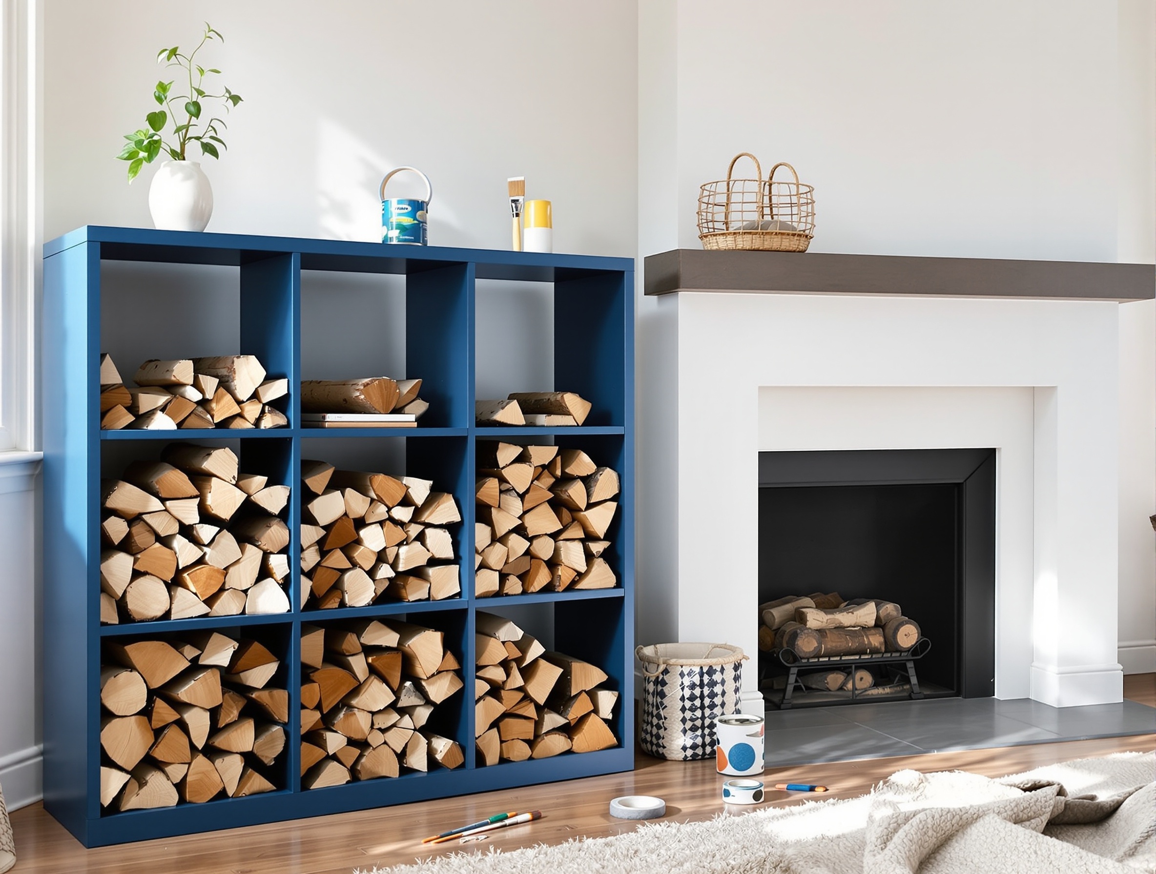 Meuble IKEA KALLAX repeint en bleu profond en range-bûches design