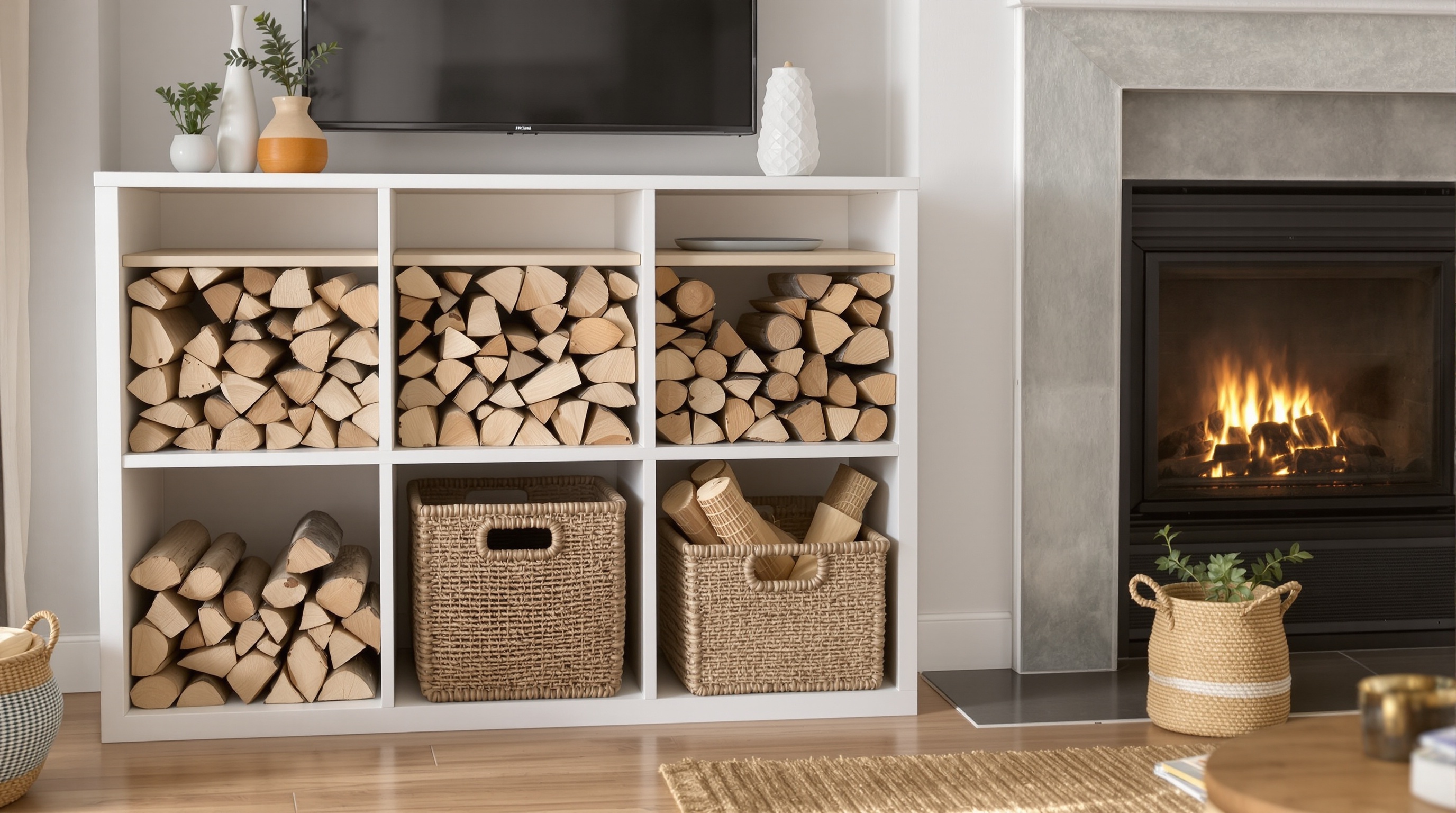 Meuble IKEA KALLAX détourné en range-bûches design près d'une cheminée