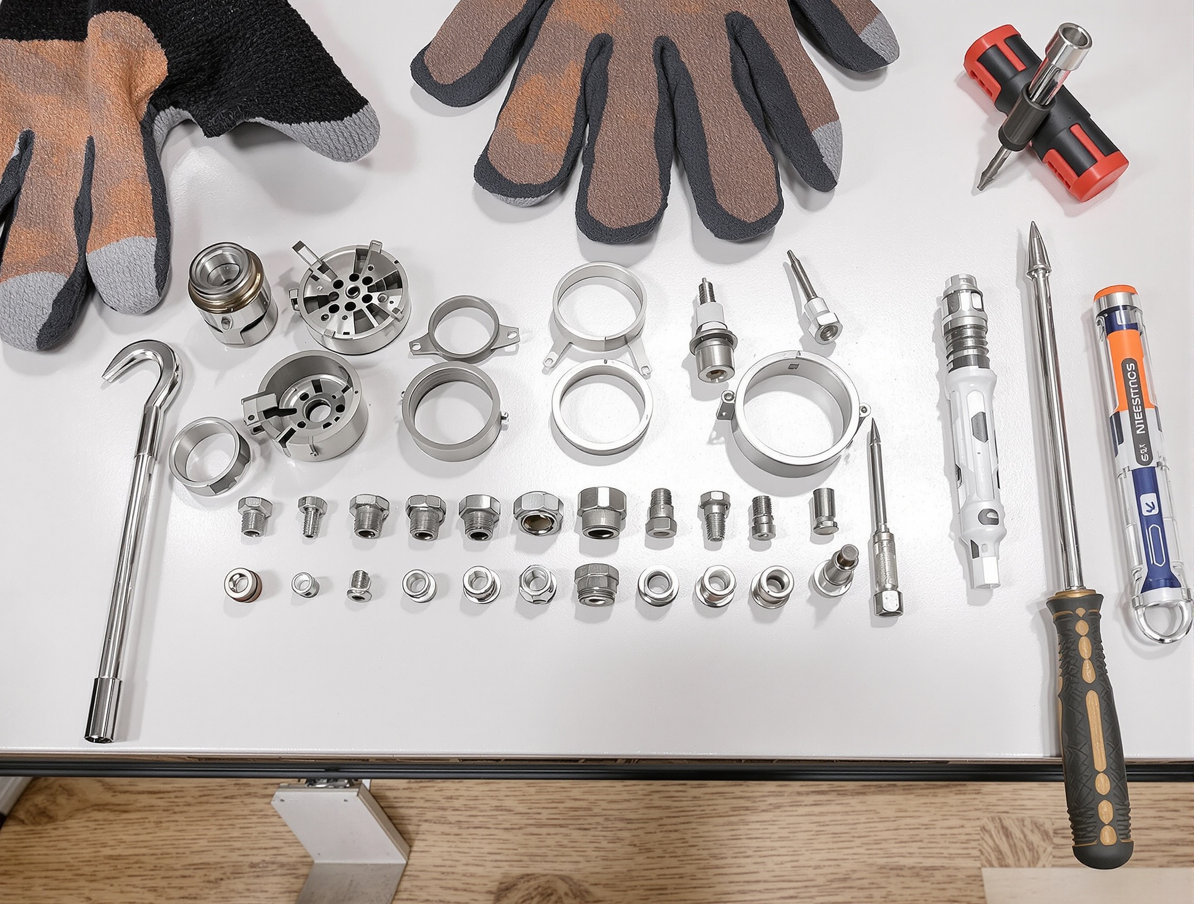 Kit complet sur établi : adaptateurs, boulons et clés prêts pour montage.