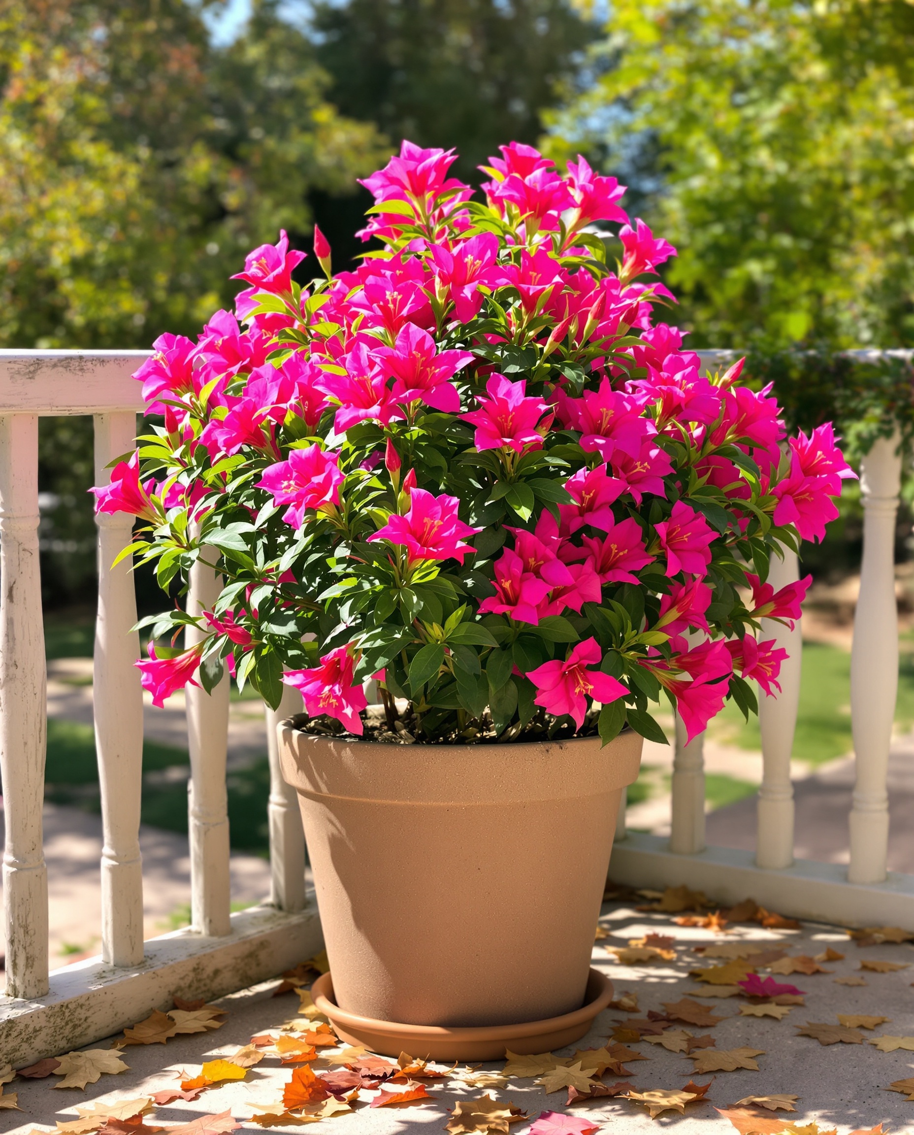 Laurier-rose en pot éclatant sur terrasse en automne
